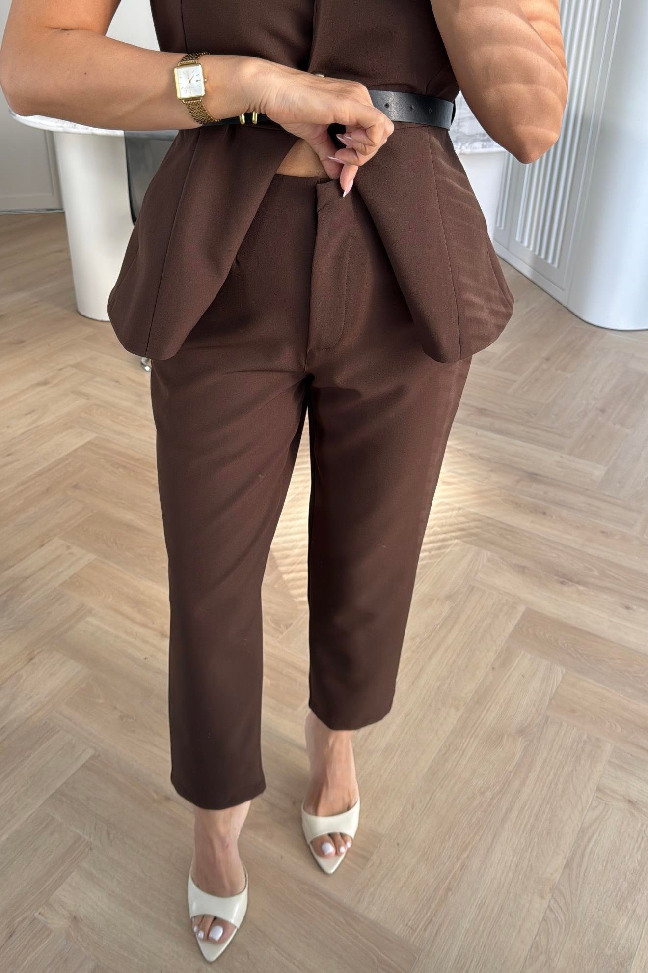 KAHVE DOUBLE KUMAŞ KEMERLİ YELEK PANTOLON TAKIM