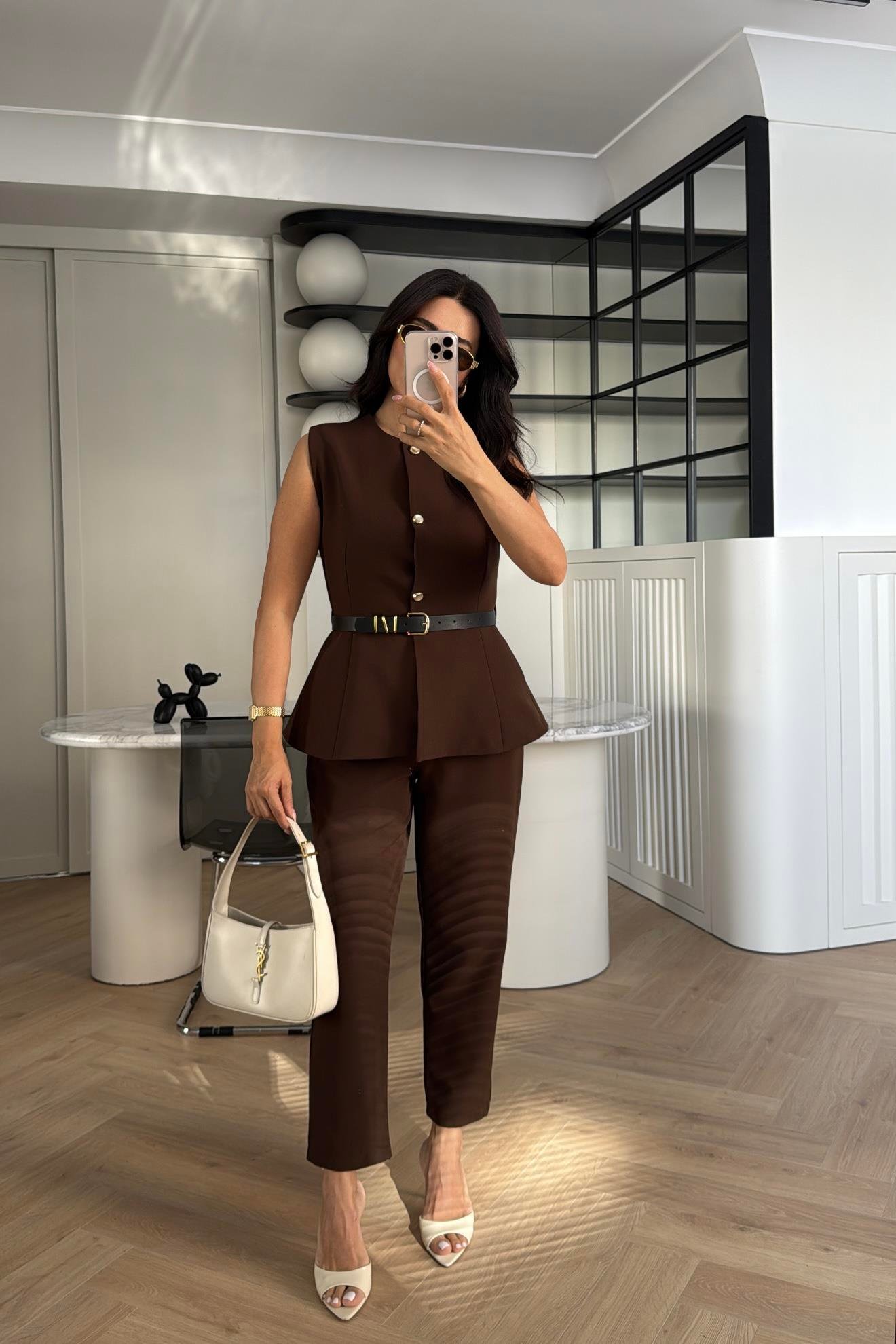 KAHVE DOUBLE KUMAŞ KEMERLİ YELEK PANTOLON TAKIM