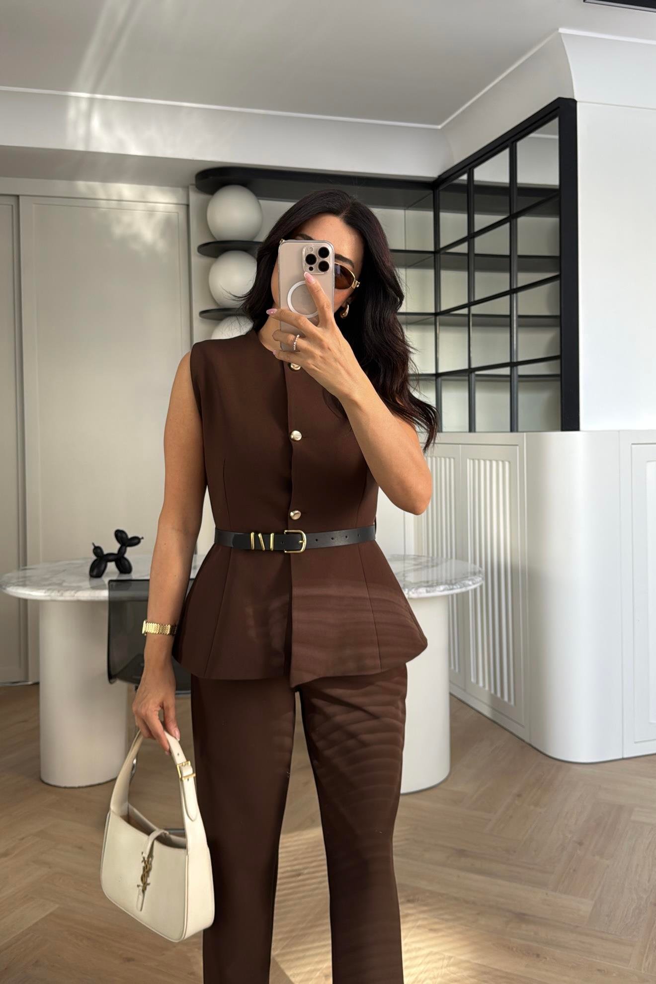 KAHVE DOUBLE KUMAŞ KEMERLİ YELEK PANTOLON TAKIM