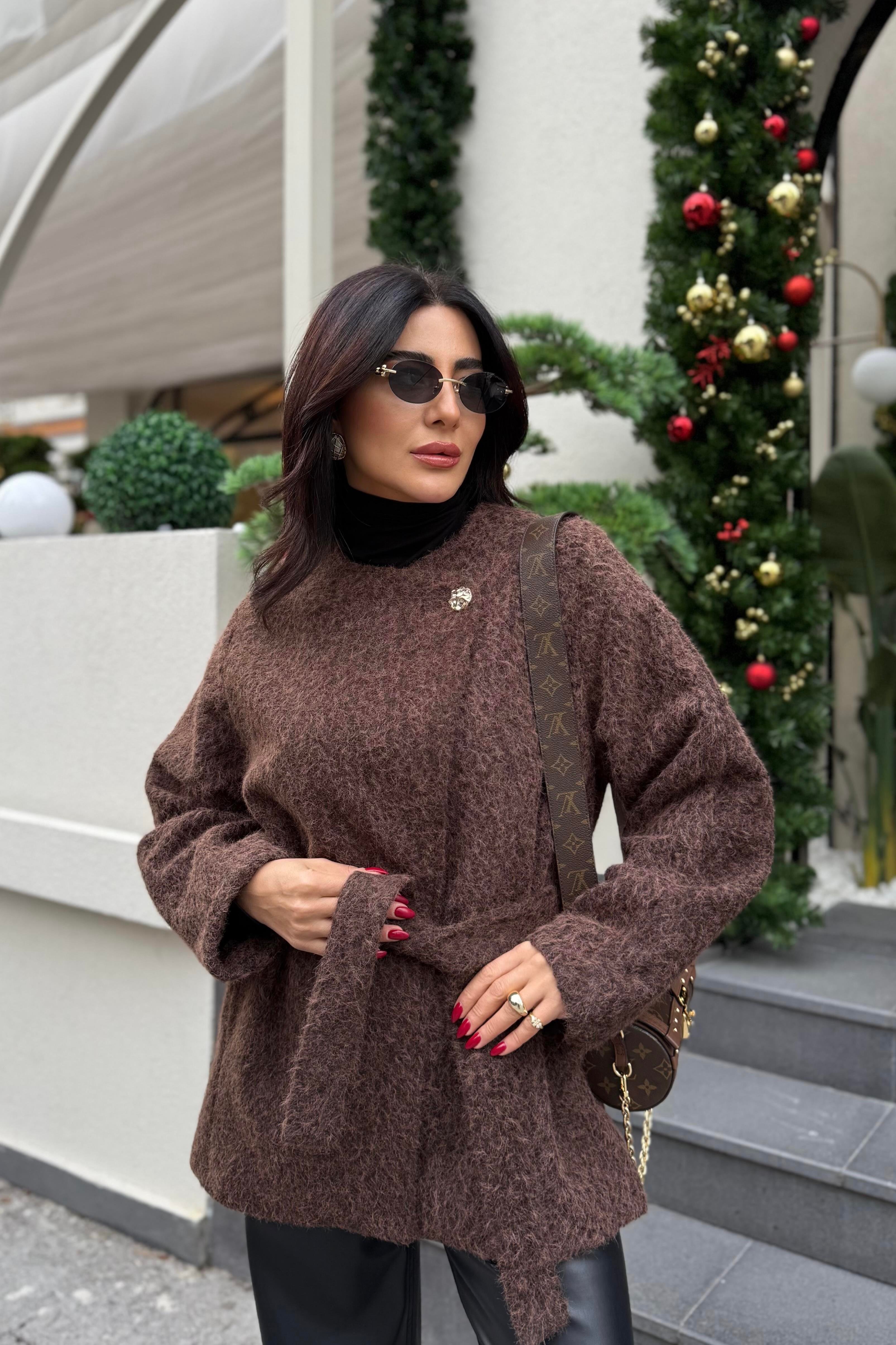 KAHVE DÜĞME DETAYLI PELUŞ CEKET