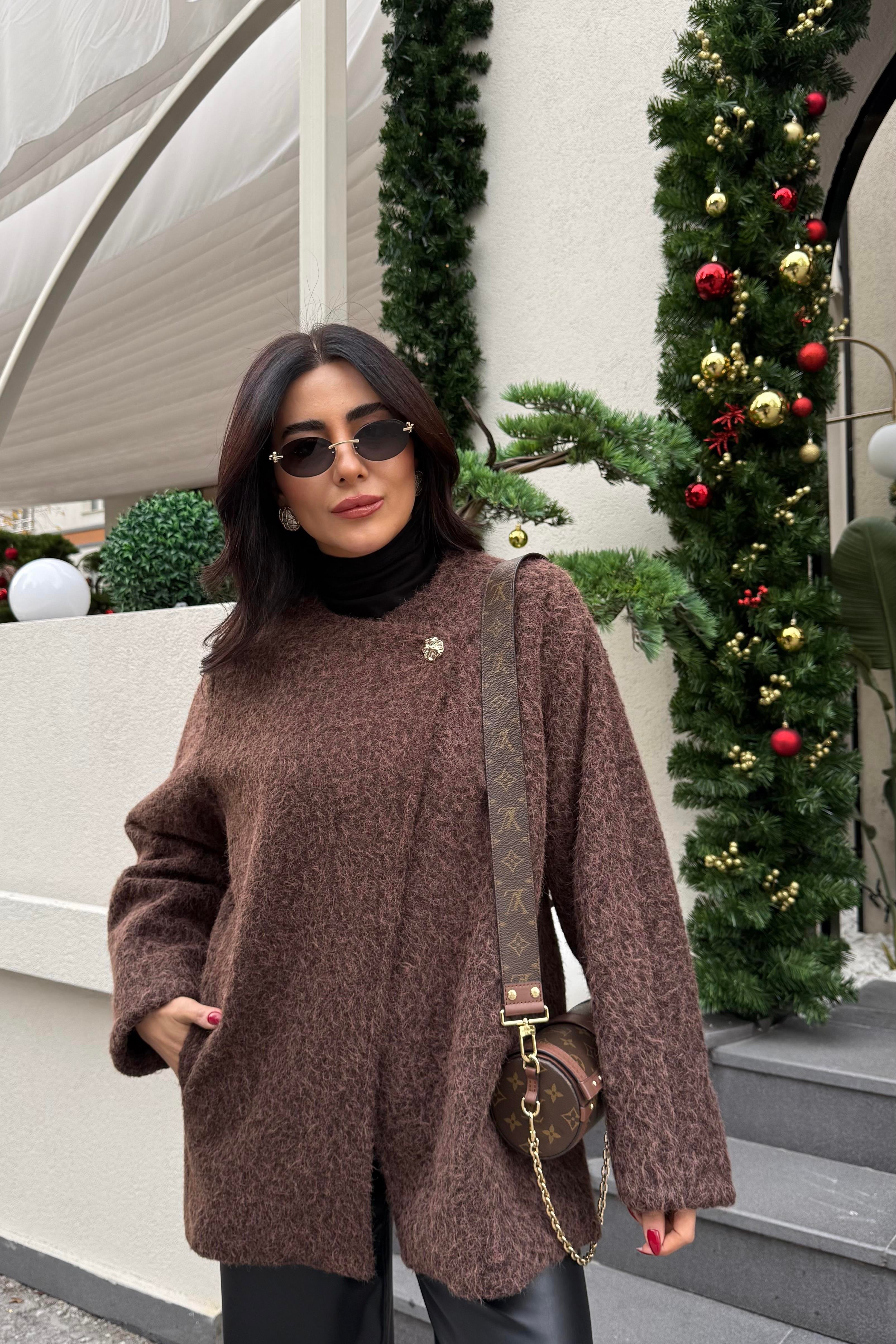 KAHVE DÜĞME DETAYLI PELUŞ CEKET