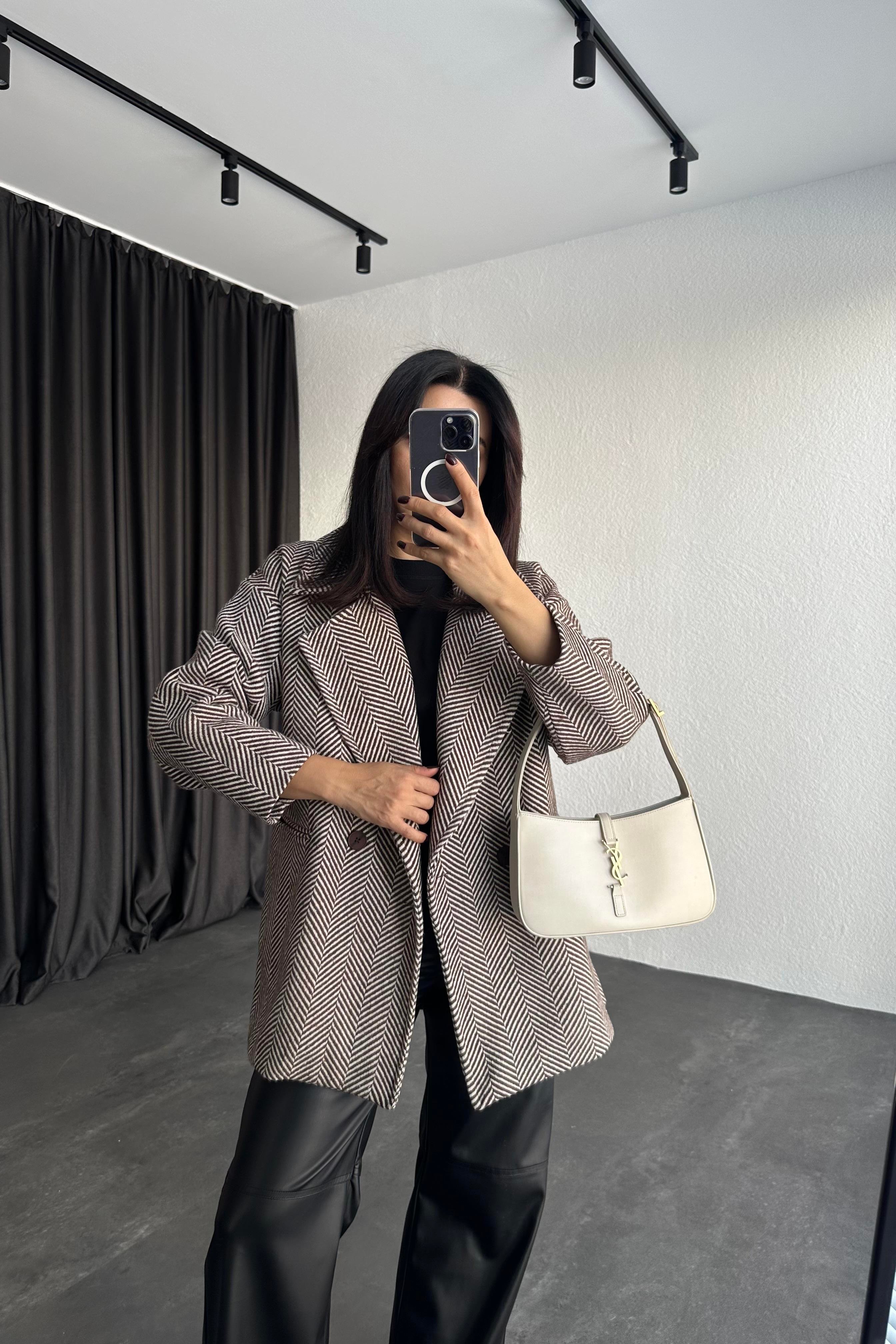 Kahve Kazayağı Desen Kaşe Kaban 