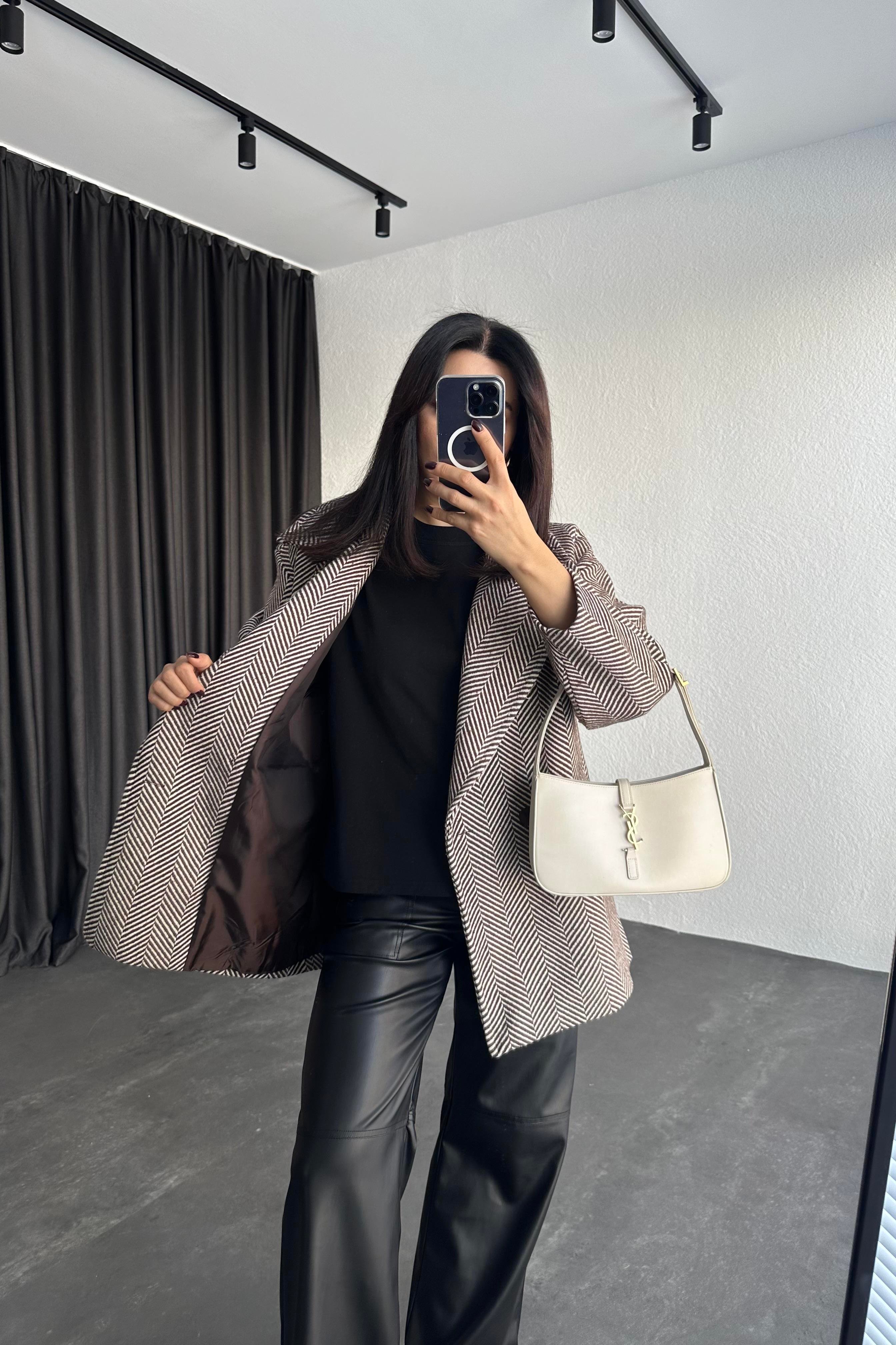 Kahve Kazayağı Desen Kaşe Kaban 