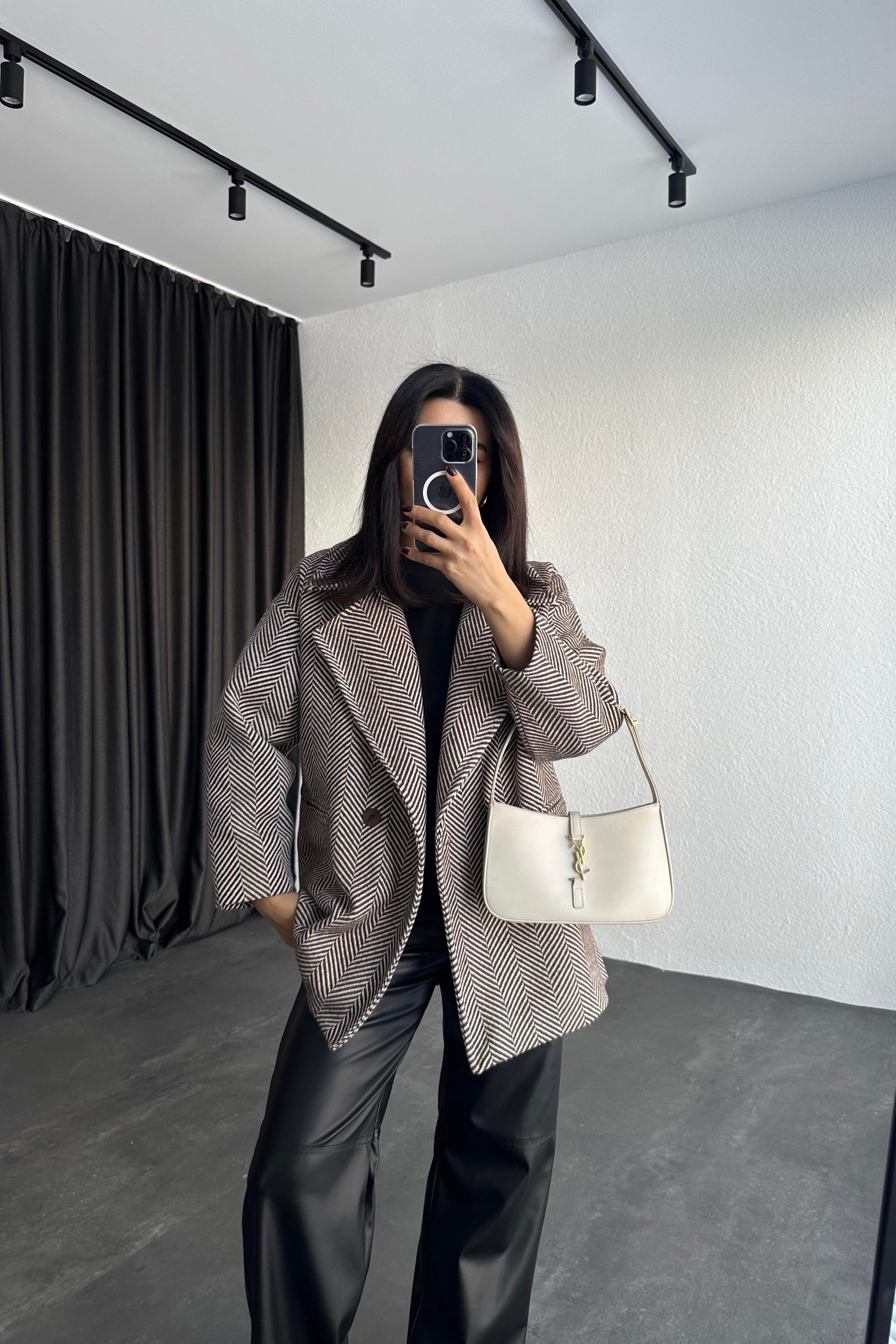 Kahve Kazayağı Desen Kaşe Kaban 