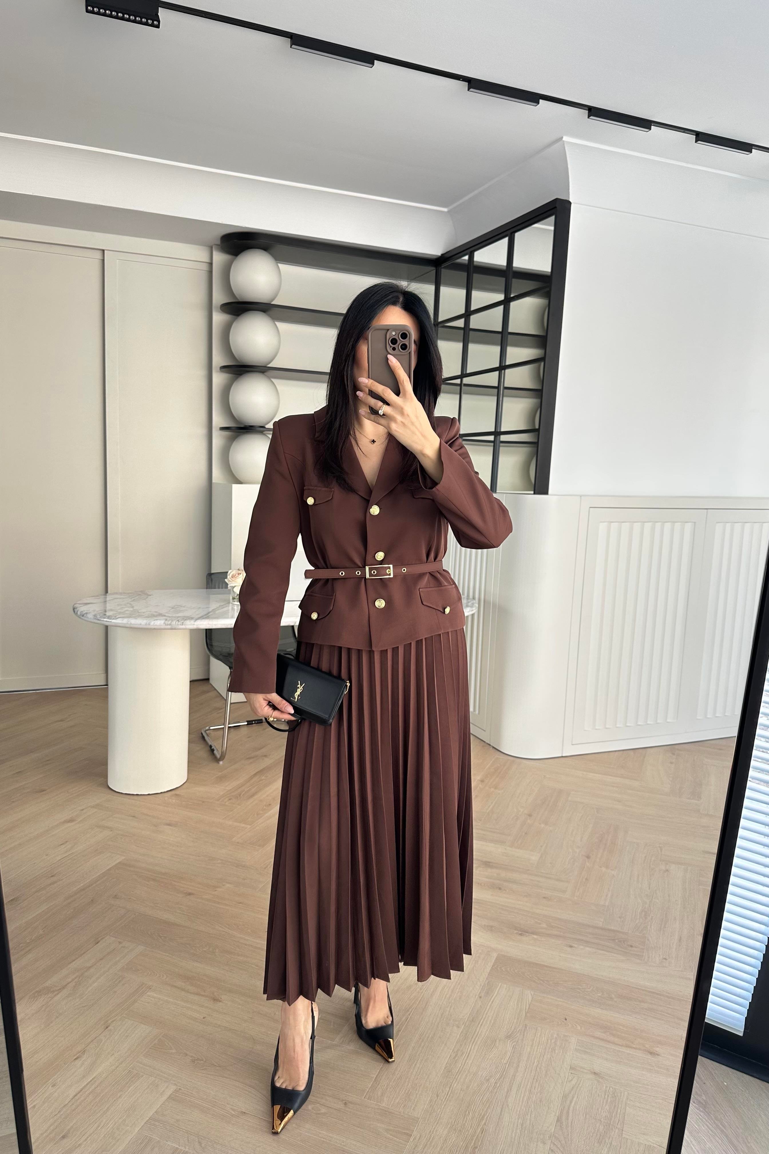Kahve Kemerli Blazer Ceket Etekli Premium Takım