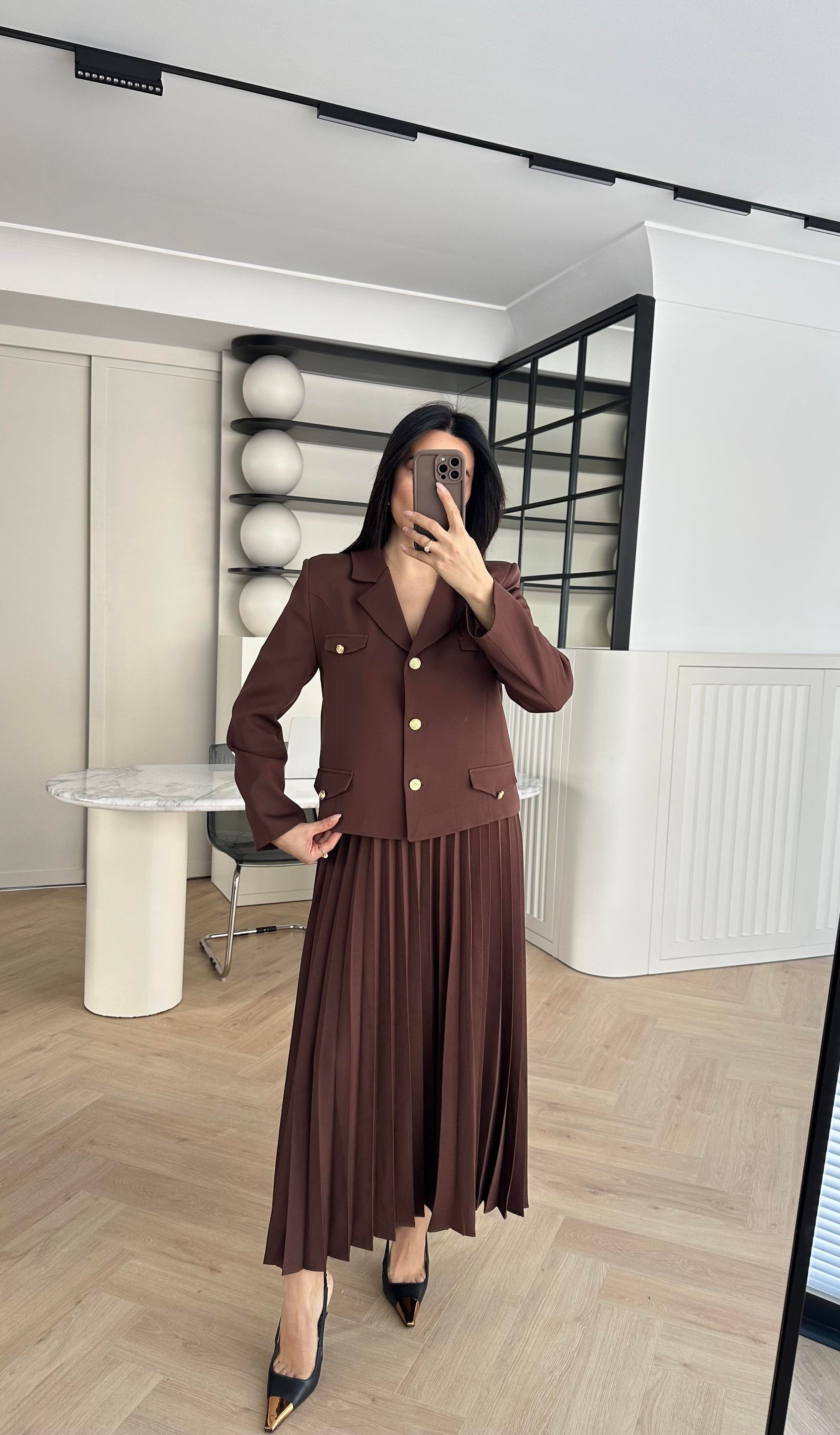 Kahve Kemerli Blazer Ceket Etekli Premium Takım
