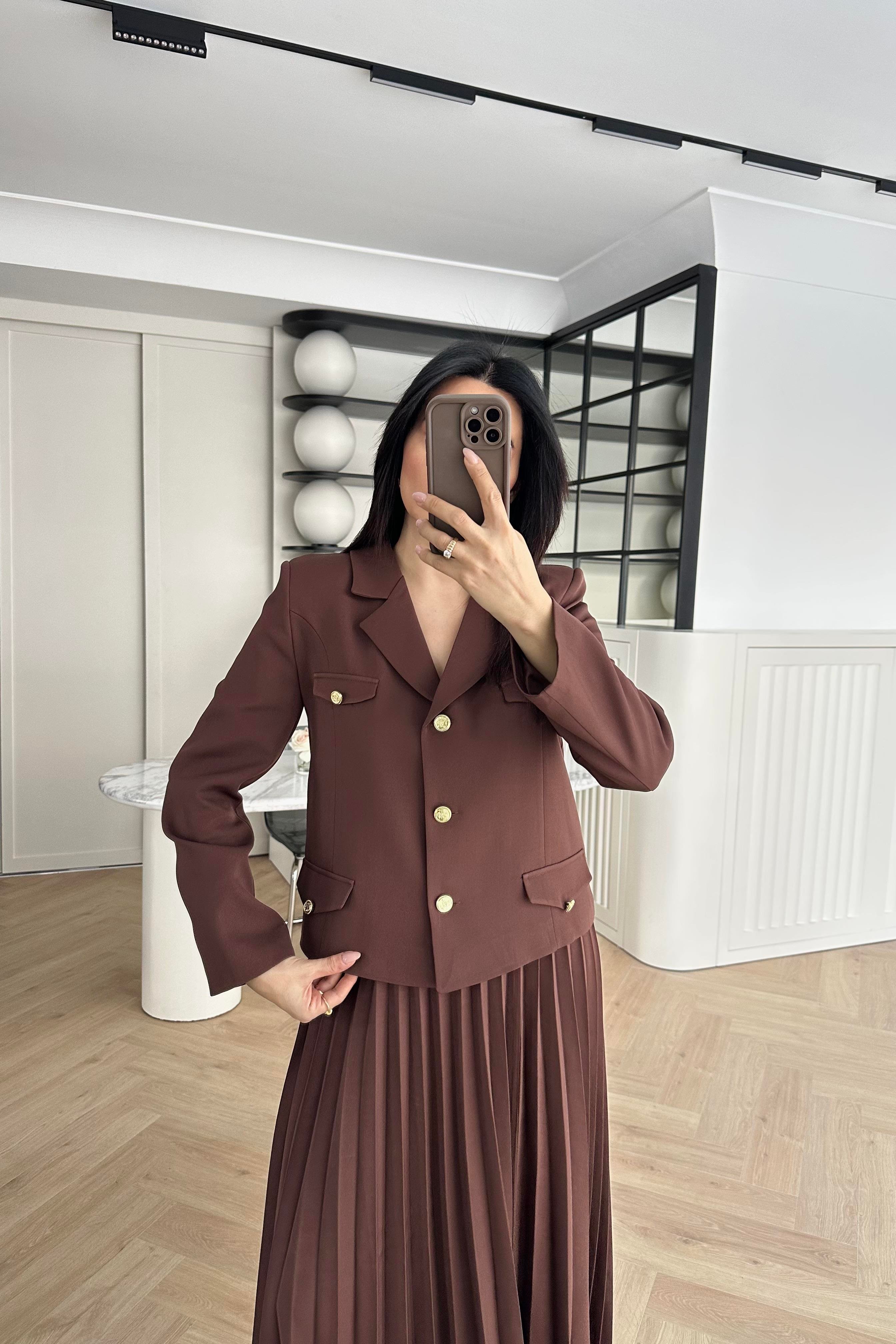 Kahve Kemerli Blazer Ceket Etekli Premium Takım