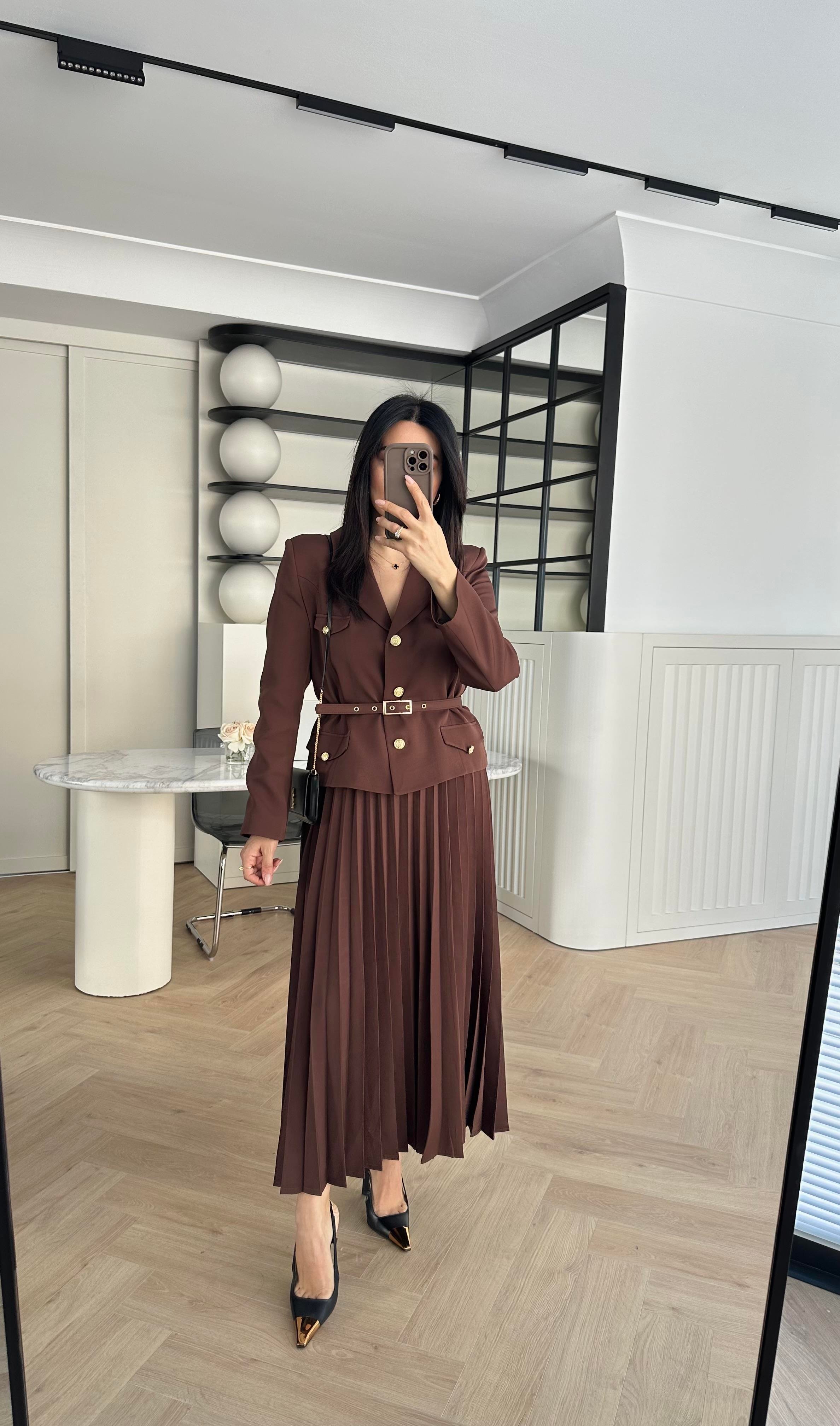 Kahve Kemerli Blazer Ceket Etekli Premium Takım