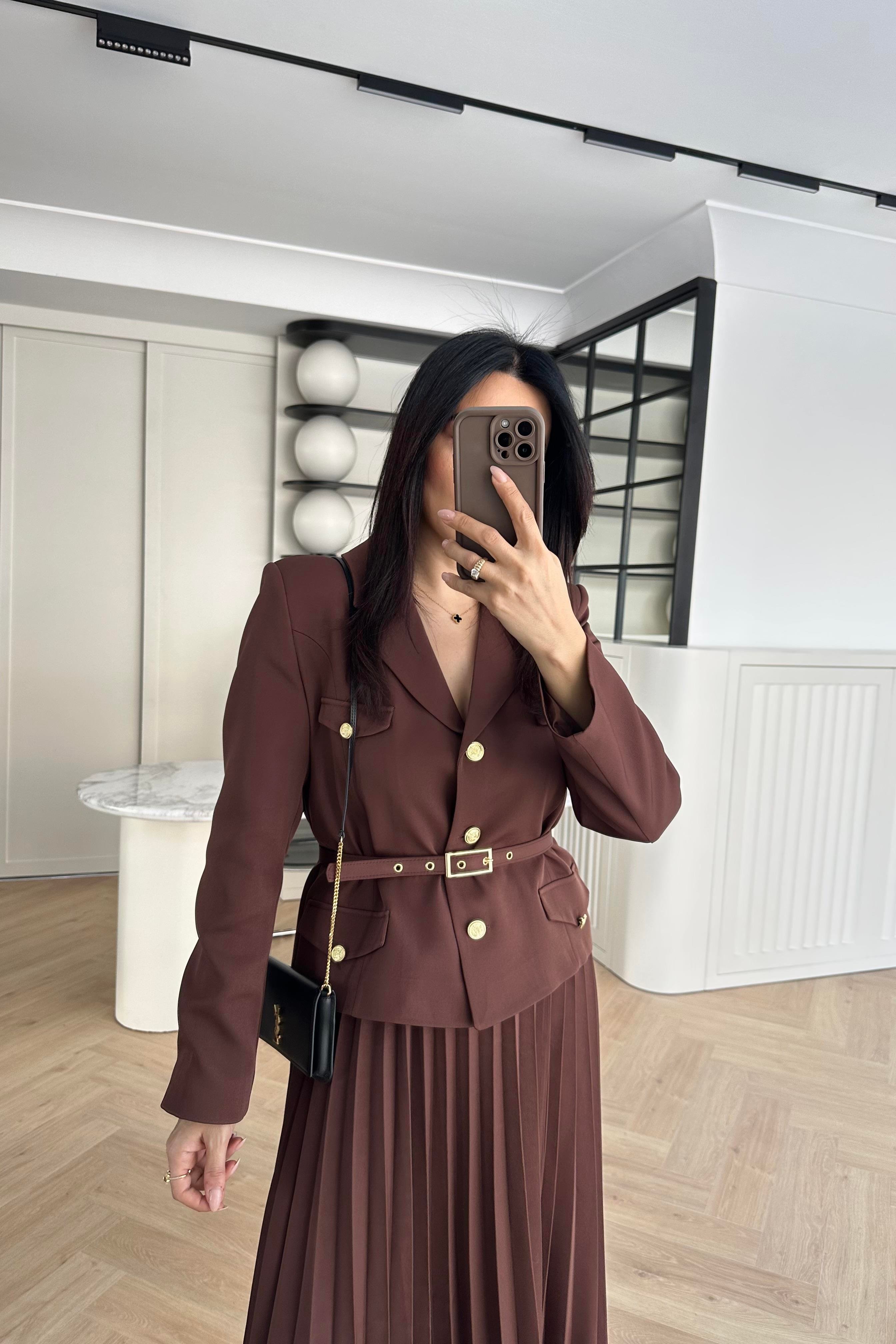 Kahve Kemerli Blazer Ceket Etekli Premium Takım