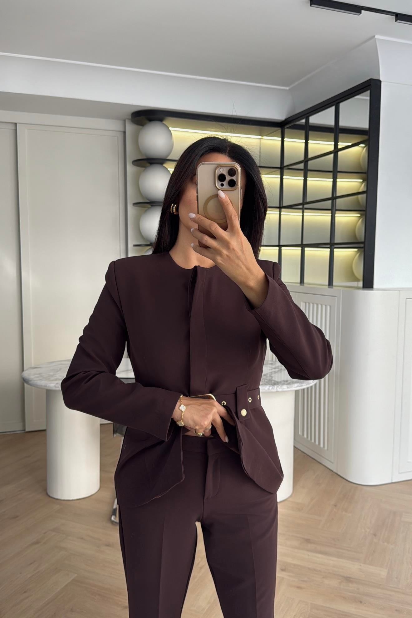 KAHVE KEMERLİ DOUBLE KUMAŞ CEKET PANTOLON TAKIM 