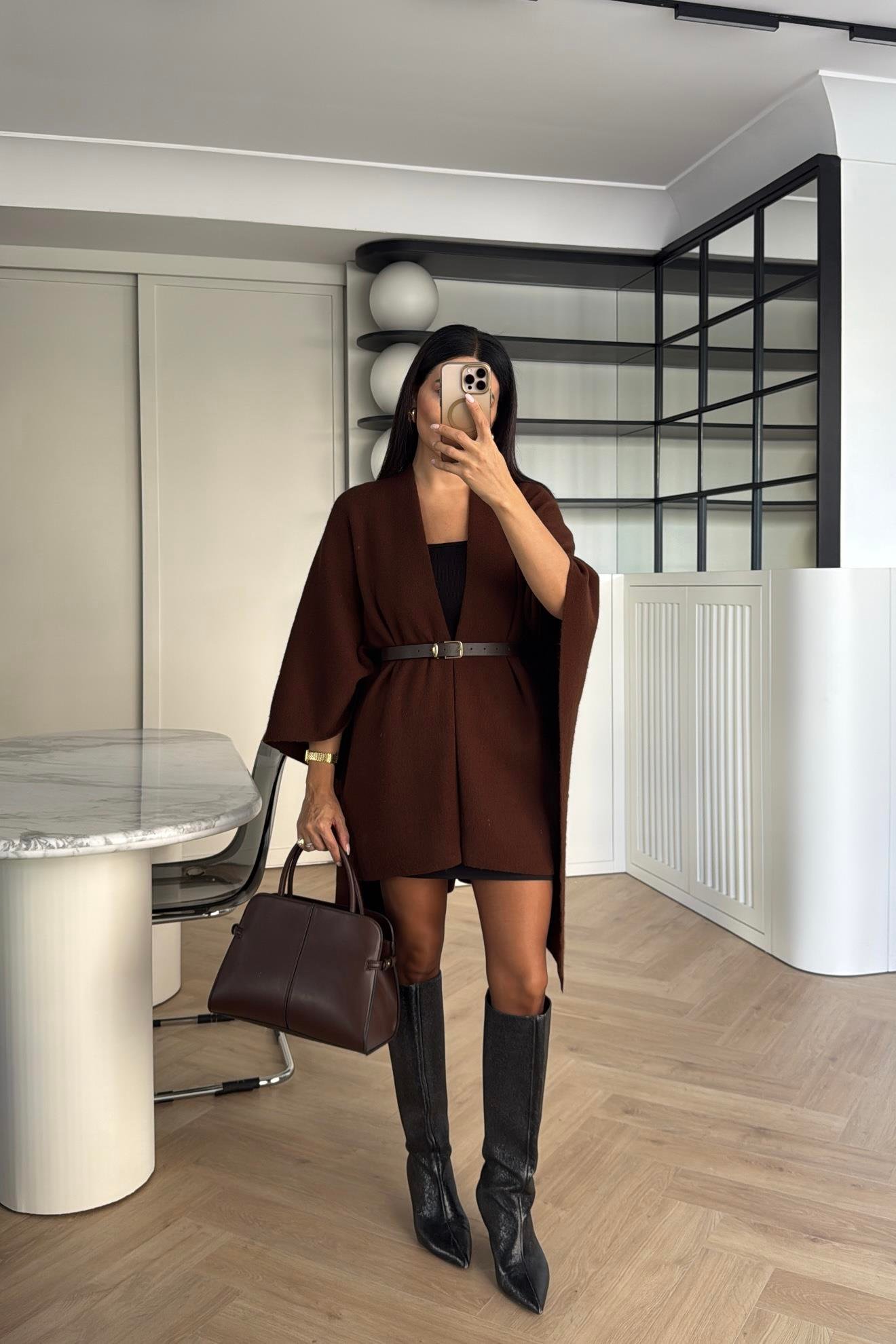 KAHVE KEMERLİ TRİKO PANÇO