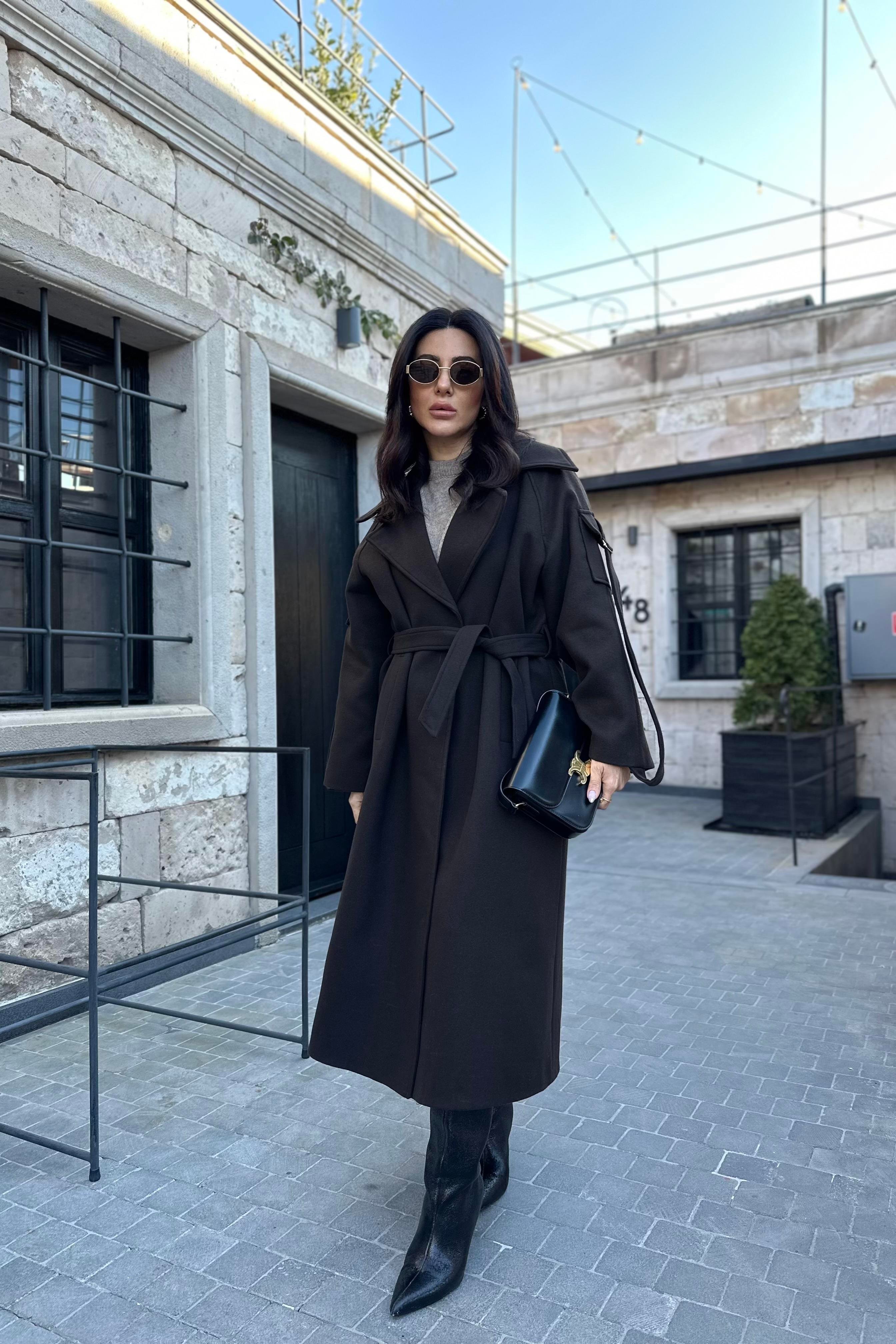 Kahve Kol Cep Detay Premium Kaşe Kaban 