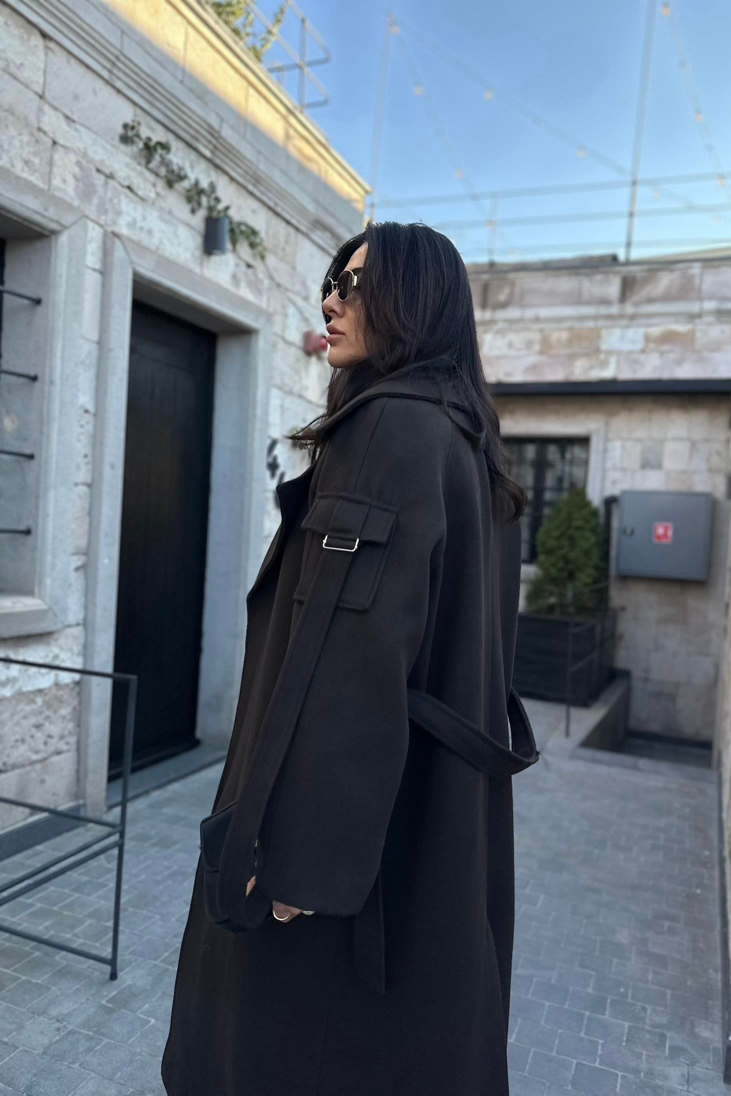 Kahve Kol Cep Detay Premium Kaşe Kaban 