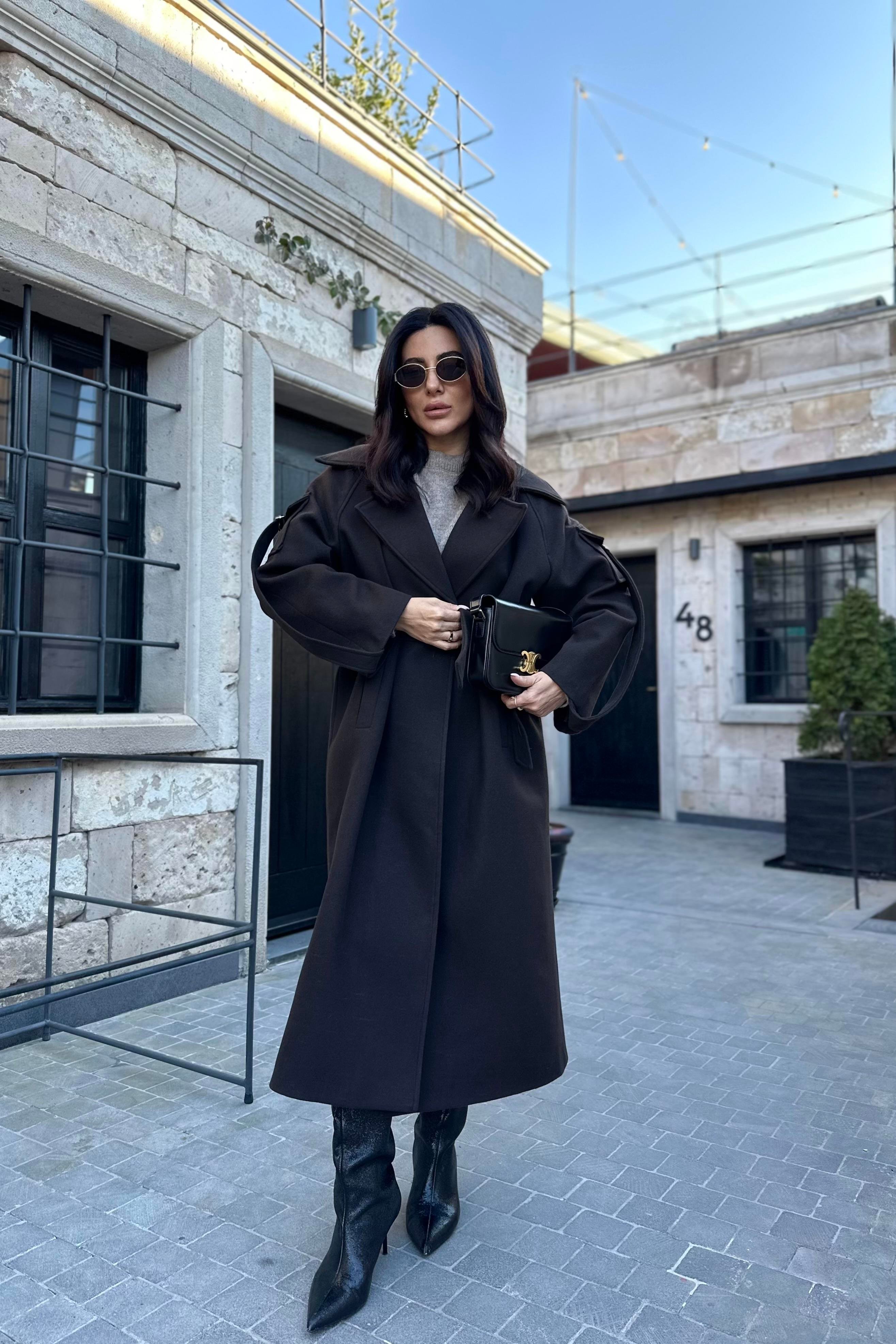 Kahve Kol Cep Detay Premium Kaşe Kaban 