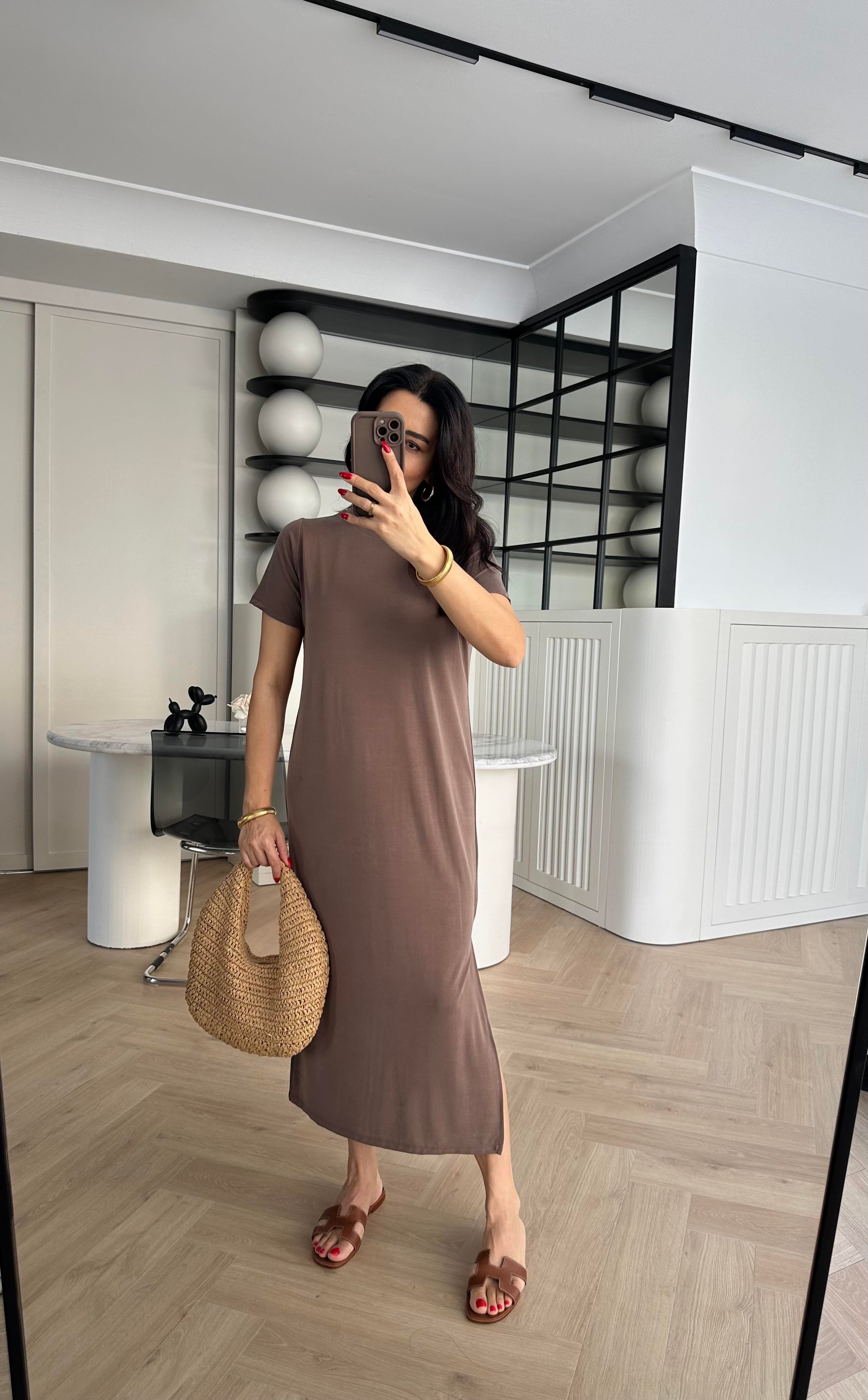 Kahve Modal Kumaş Yırtmaçlı Basic Elbise