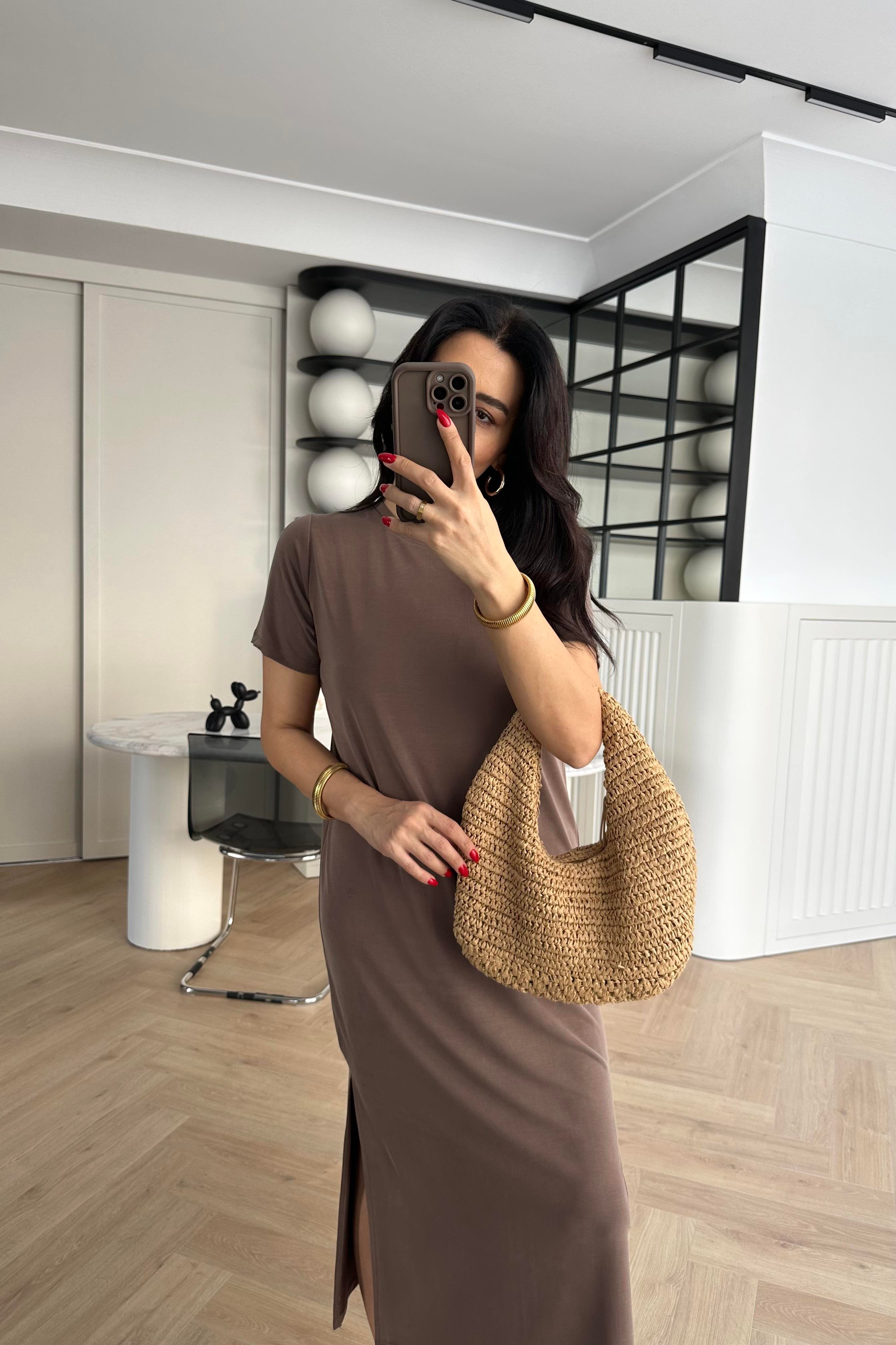 Kahve Modal Kumaş Yırtmaçlı Basic Elbise