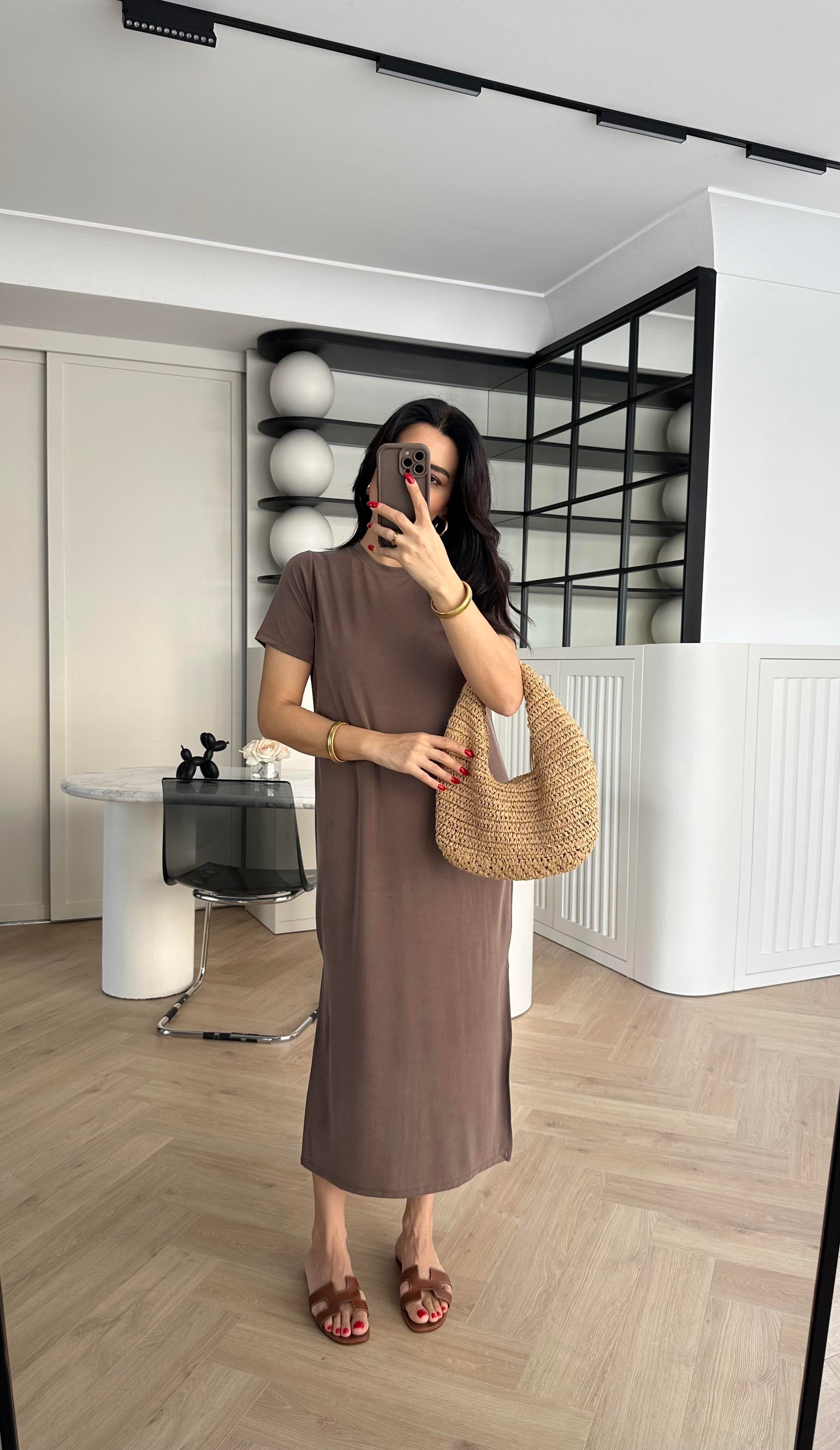 Kahve Modal Kumaş Yırtmaçlı Basic Elbise