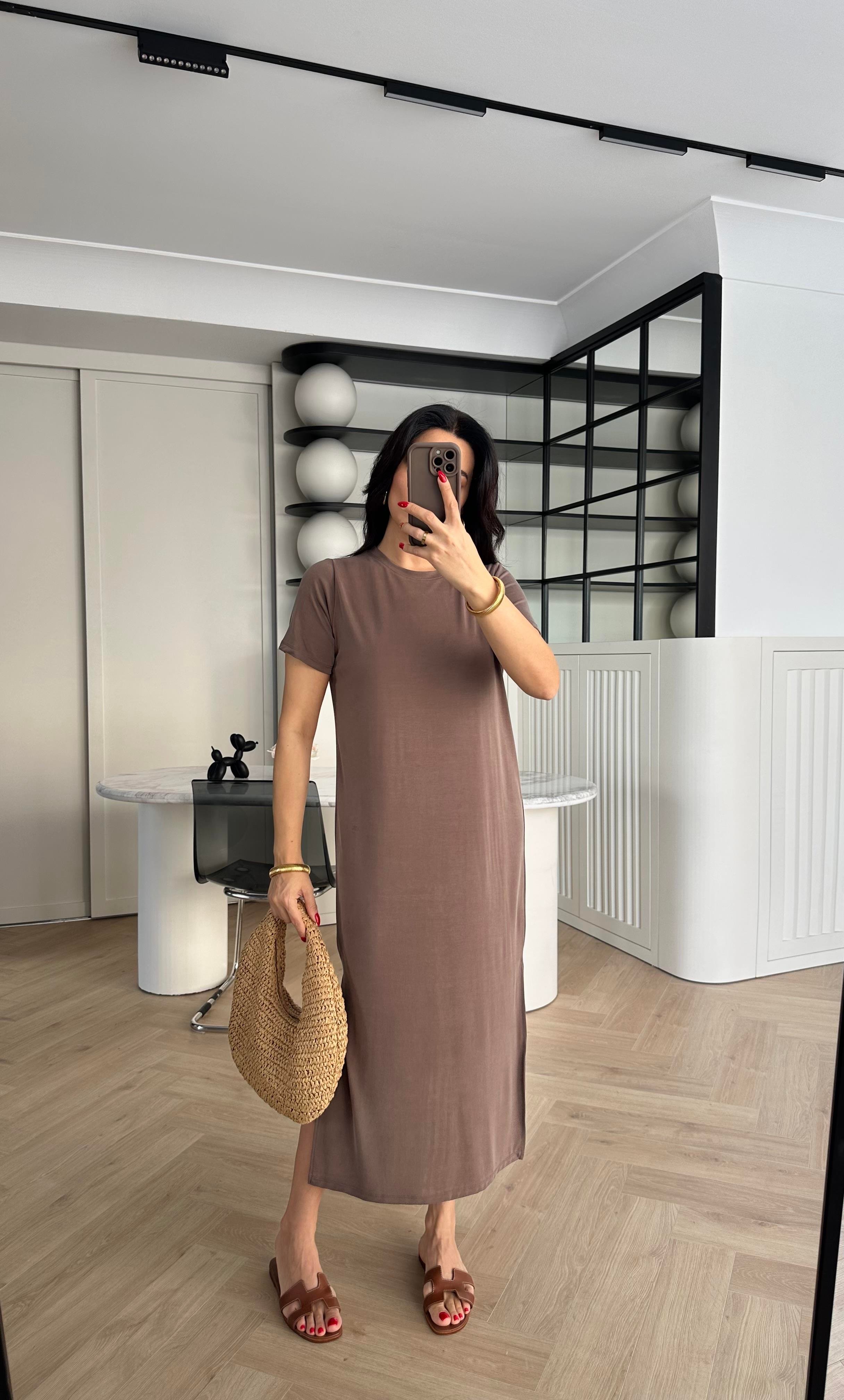 Kahve Modal Kumaş Yırtmaçlı Basic Elbise