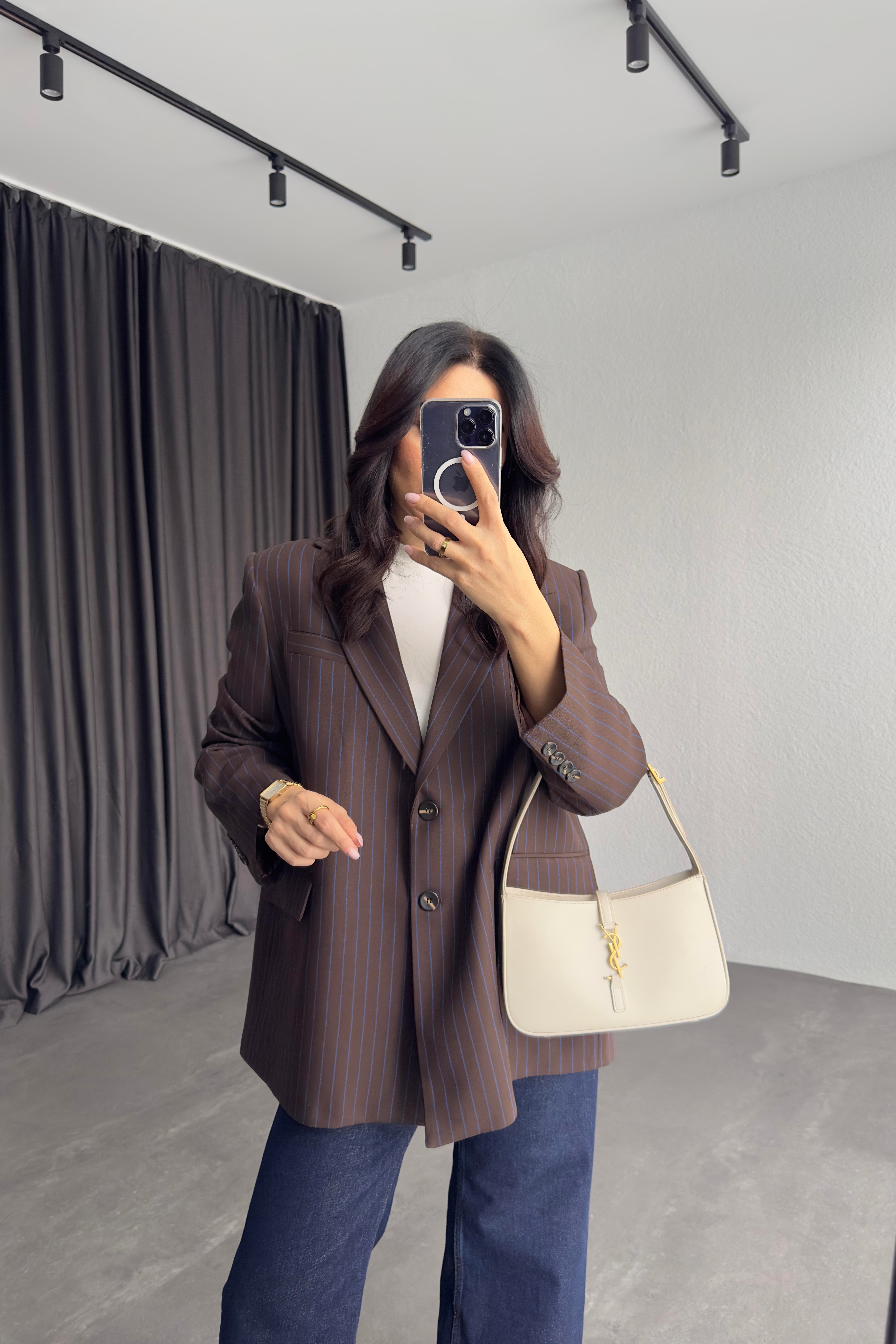 Kahve Renk Çizgili Astarlı Blazer Ceket