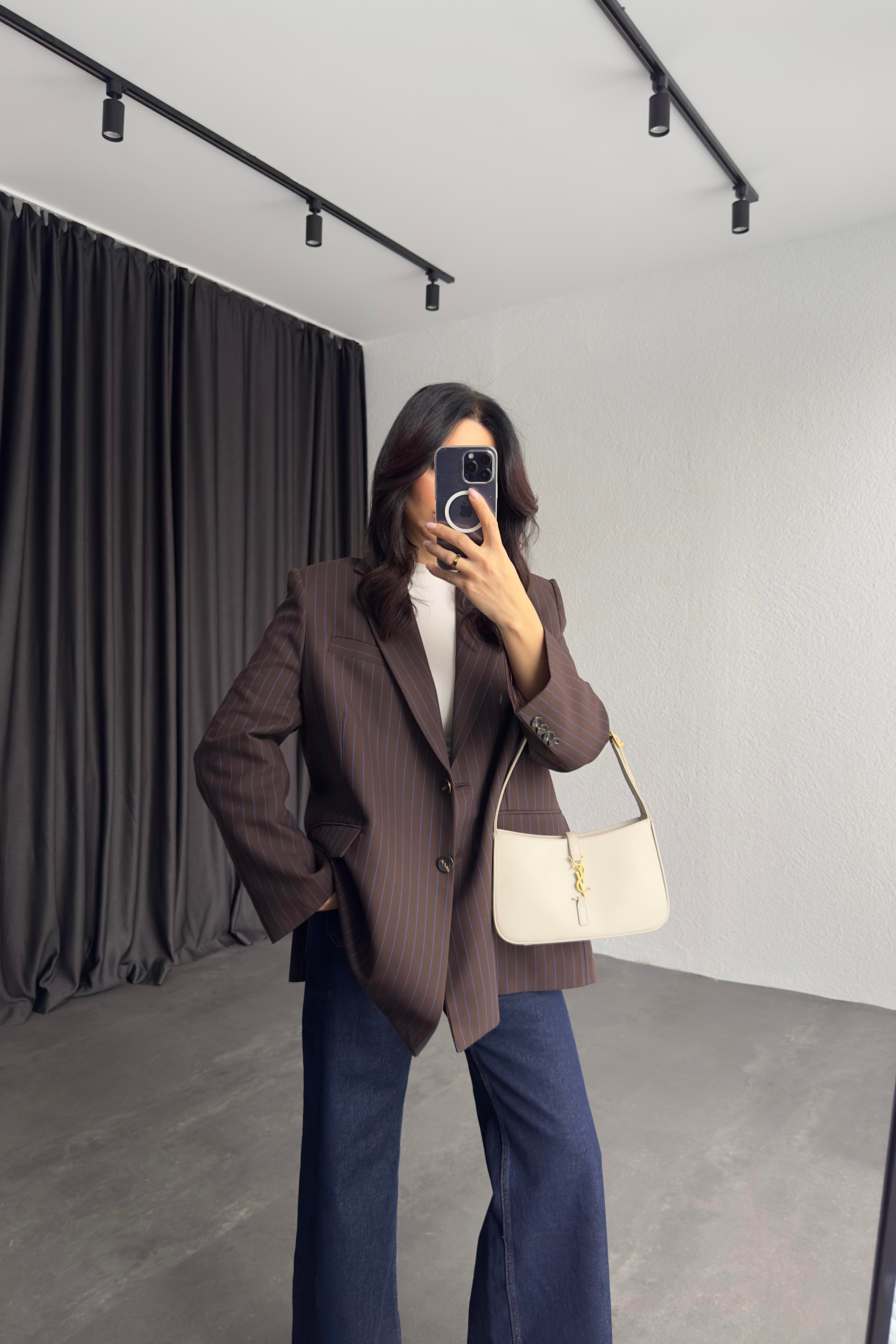 Kahve Renk Çizgili Astarlı Blazer Ceket