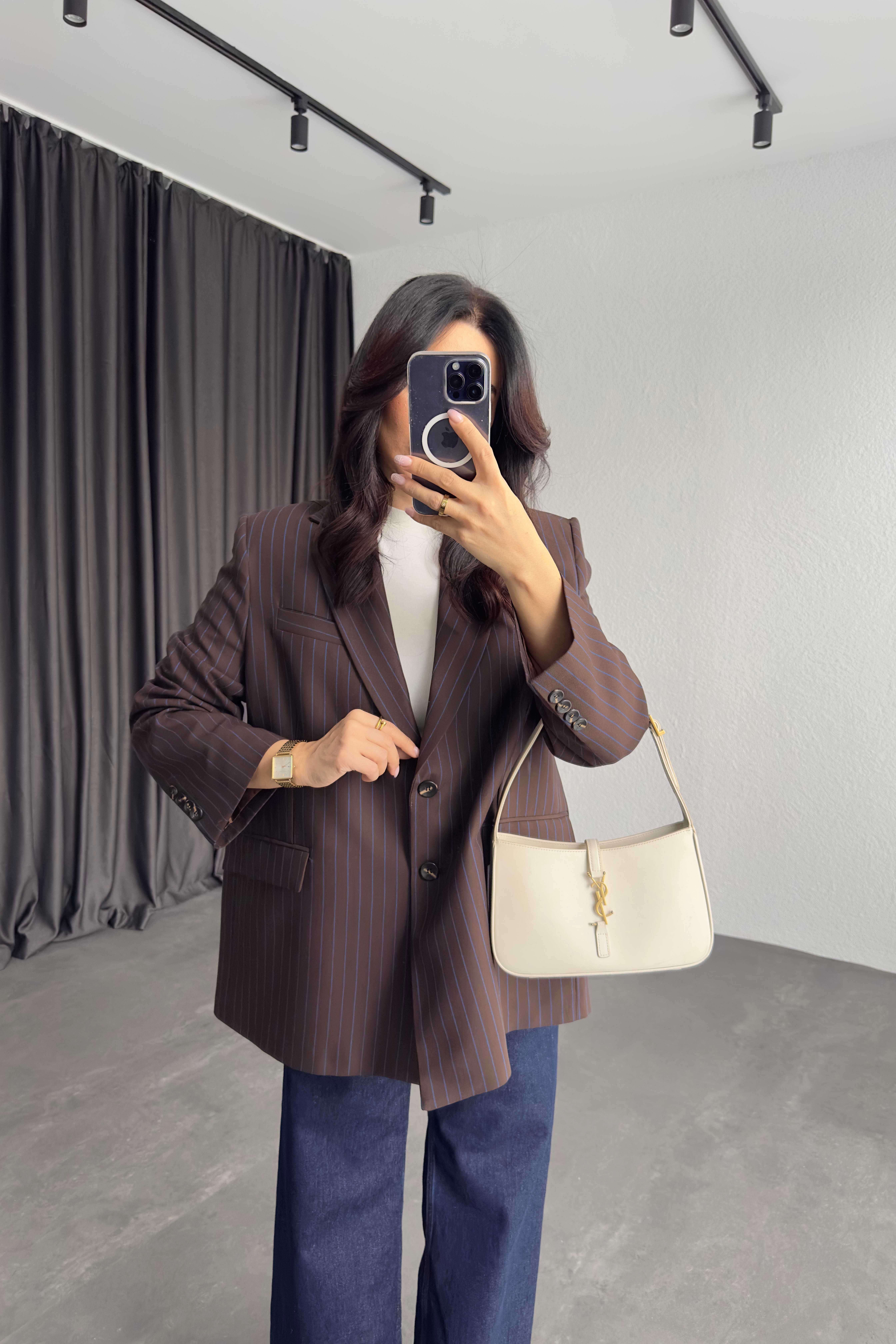 Kahve Renk Çizgili Astarlı Blazer Ceket