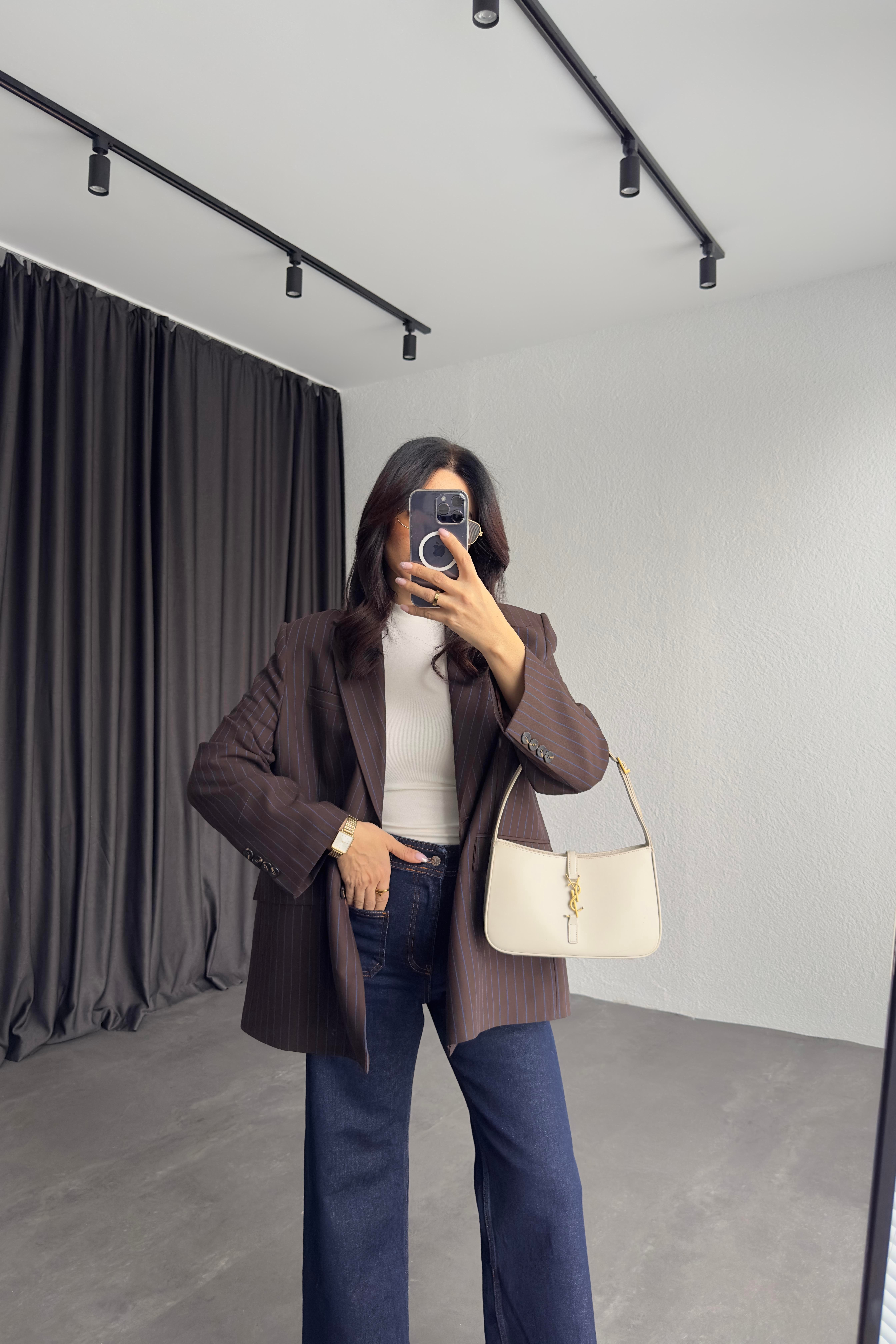 Kahve Renk Çizgili Astarlı Blazer Ceket