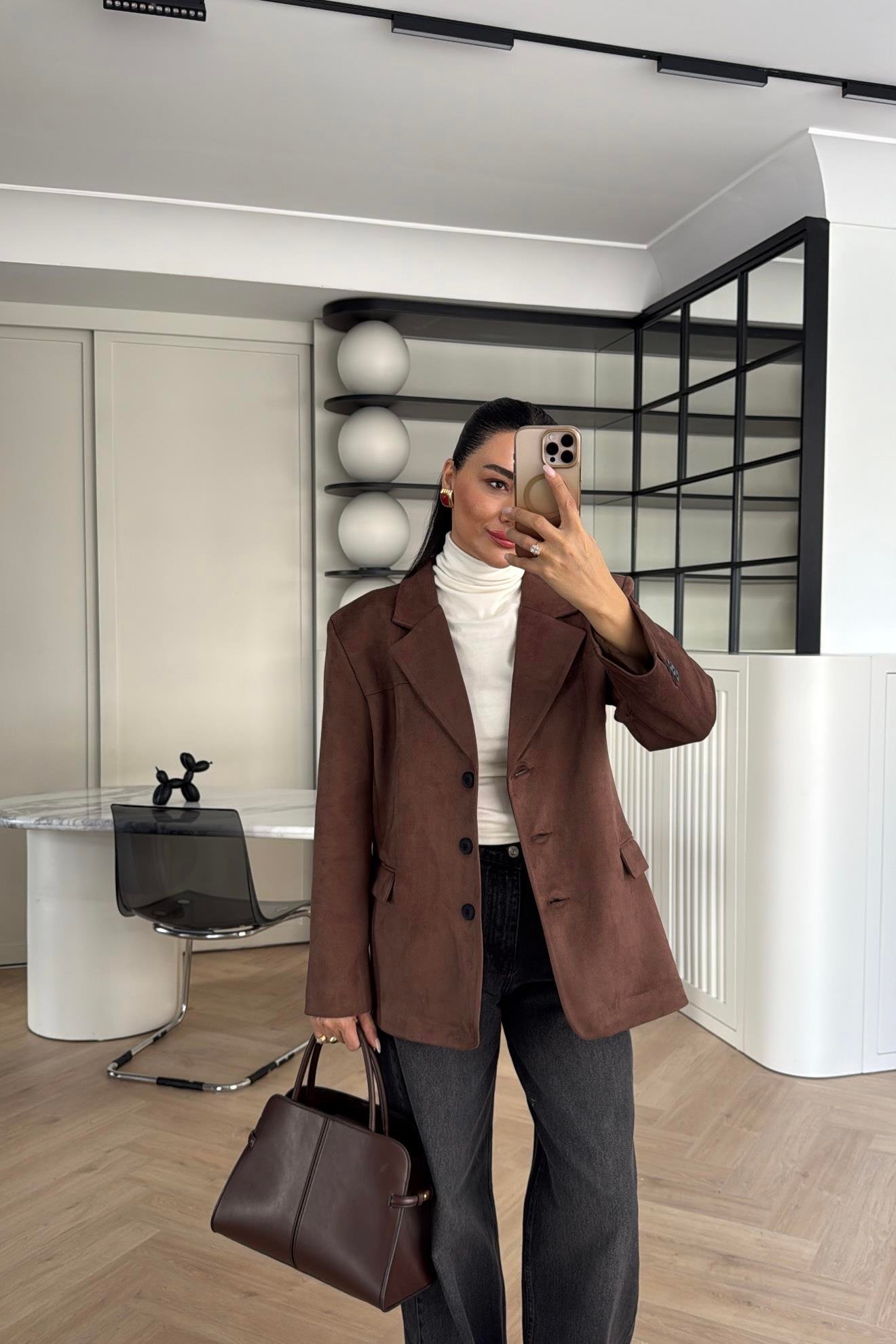 KAHVE SÜVET BLAZER CEKET 