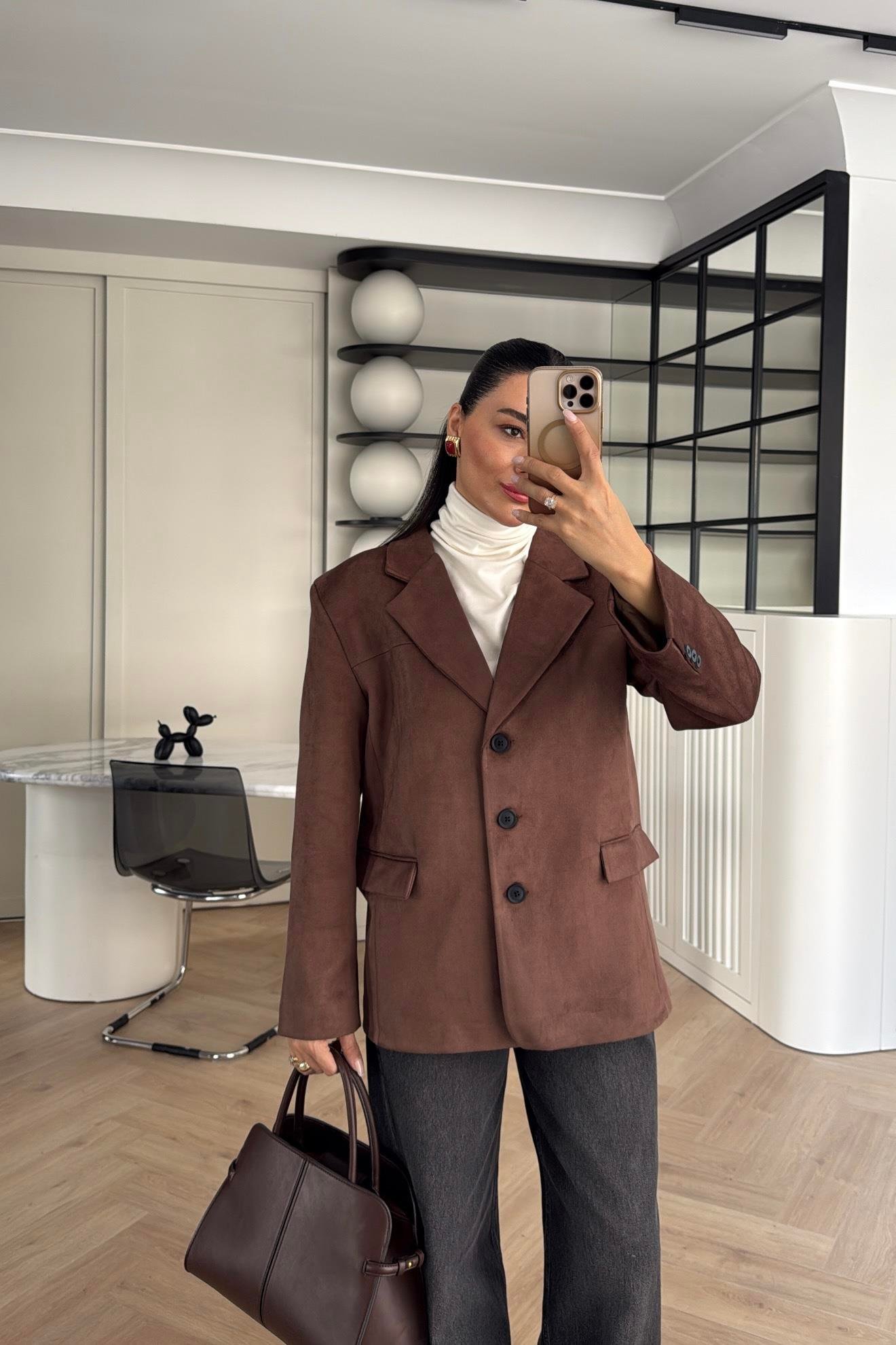 KAHVE SÜVET BLAZER CEKET 