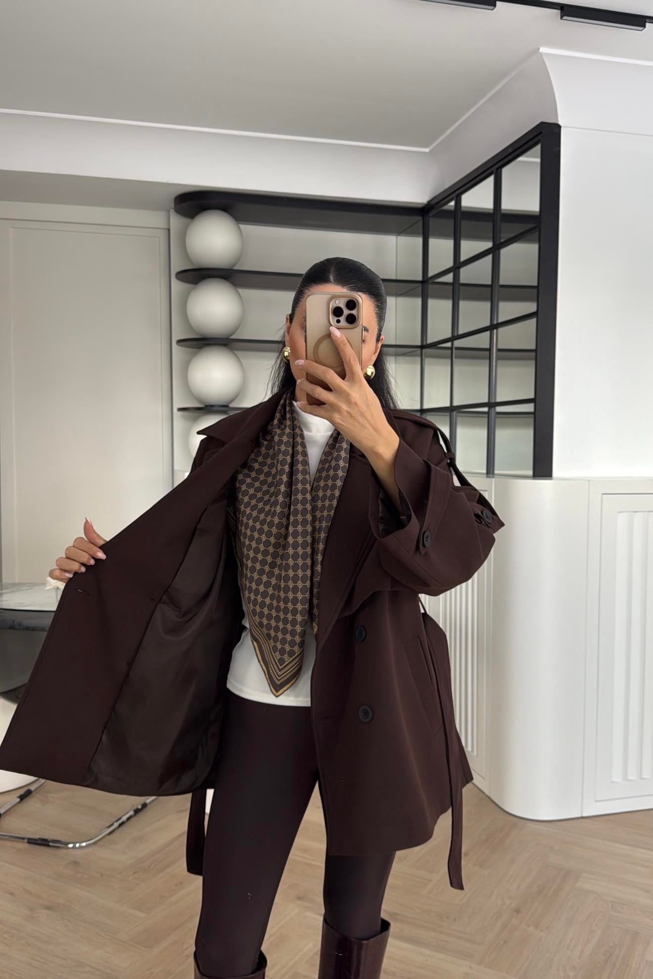 KAHVE TASARIM ASTARLI PREMIUM KISA TRENÇKOT