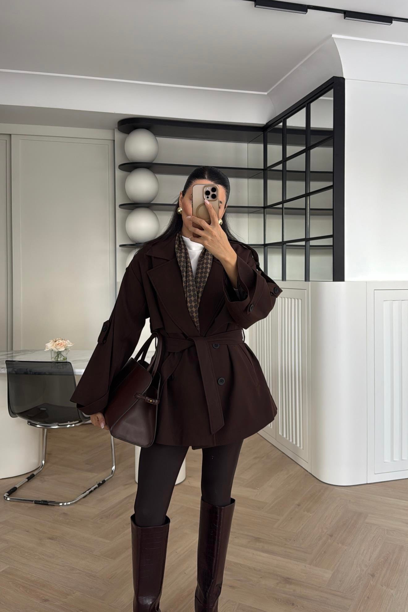 KAHVE TASARIM ASTARLI PREMIUM KISA TRENÇKOT