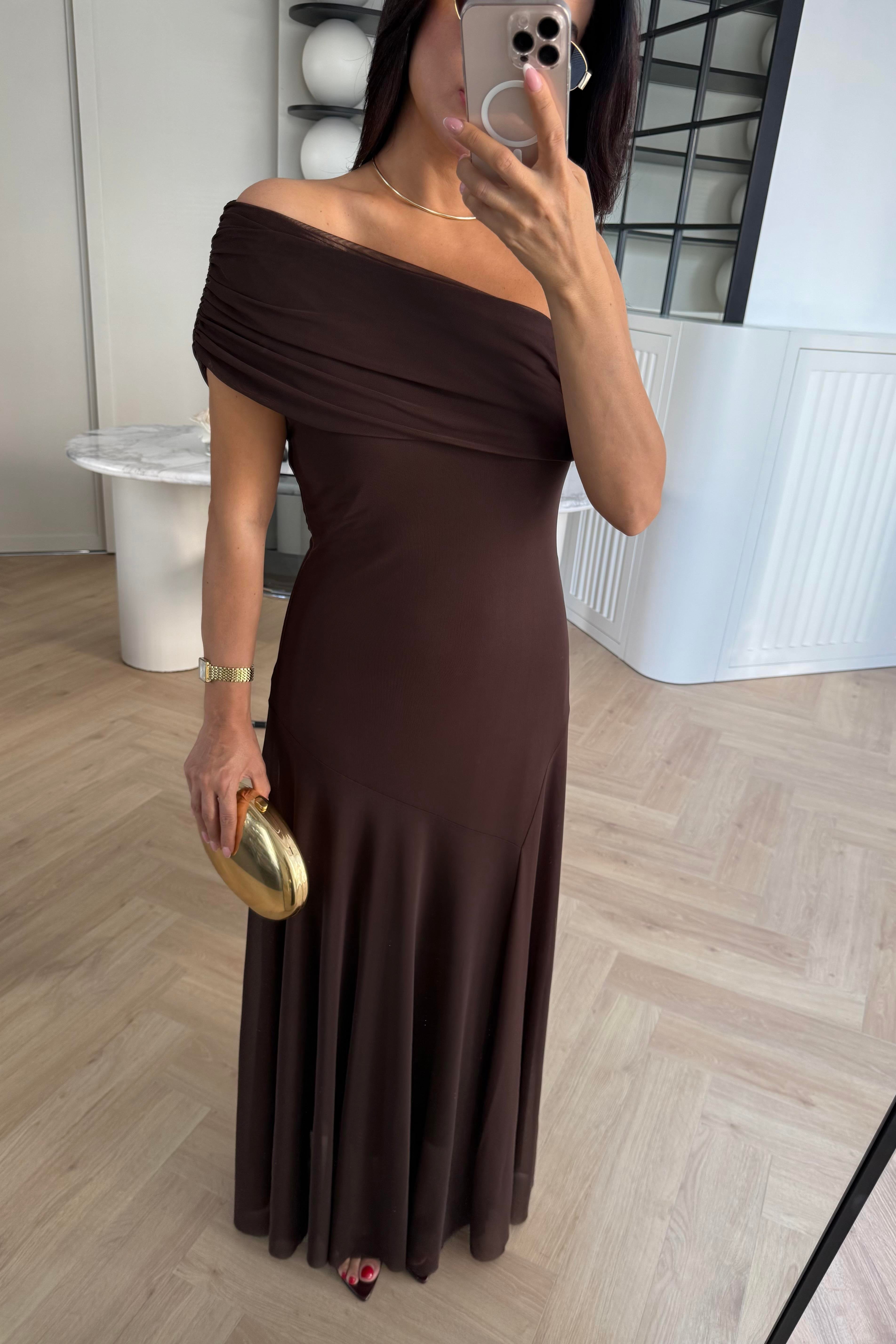 KAHVE TÜL TEK OMUZ ELBİSE