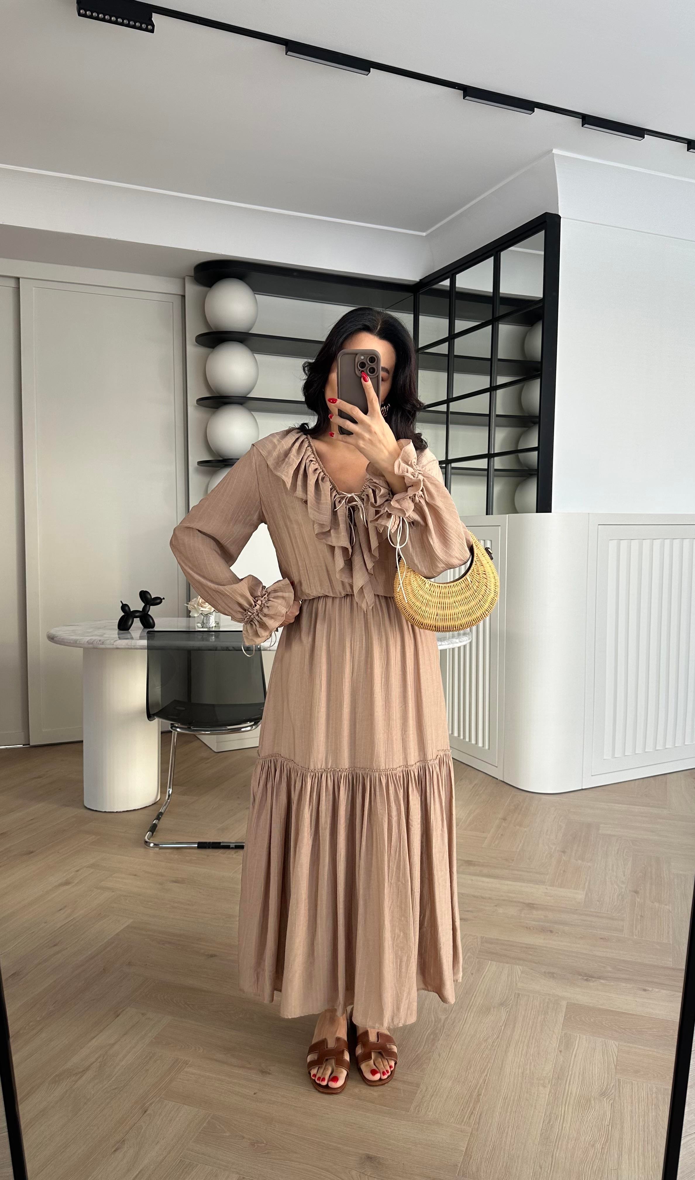 Kahve V Yaka Astarlı Tensel Kumaş Elbise