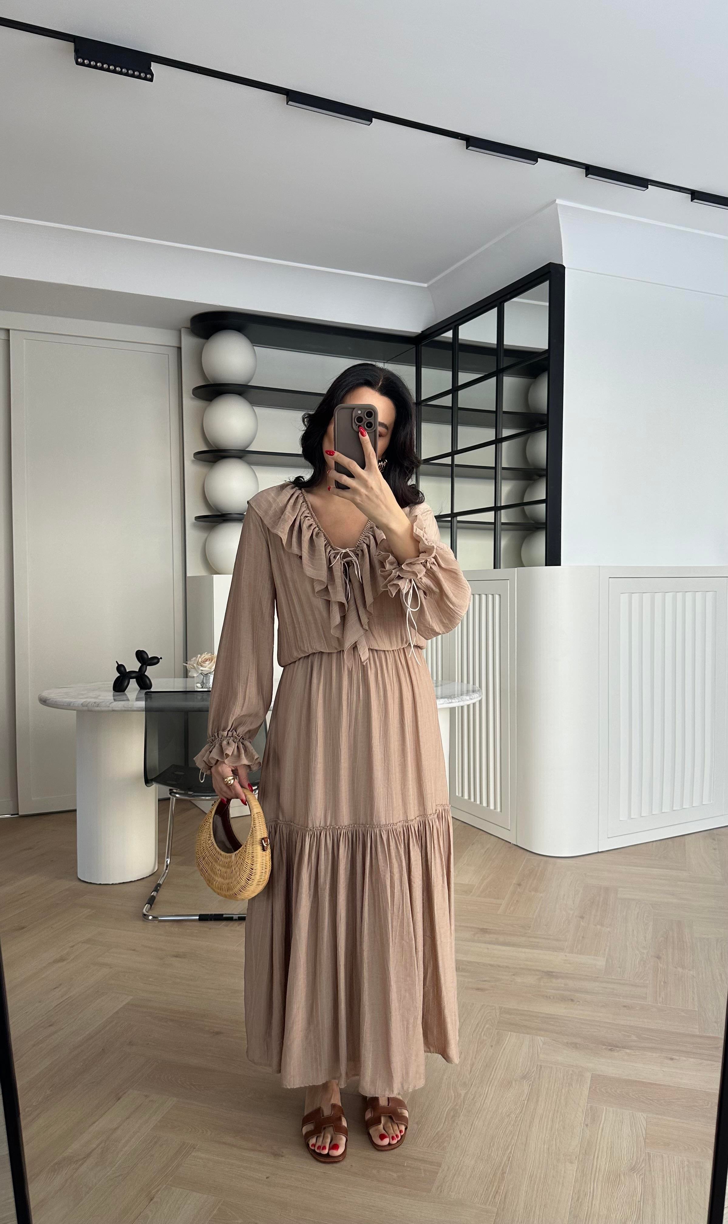 Kahve V Yaka Astarlı Tensel Kumaş Elbise