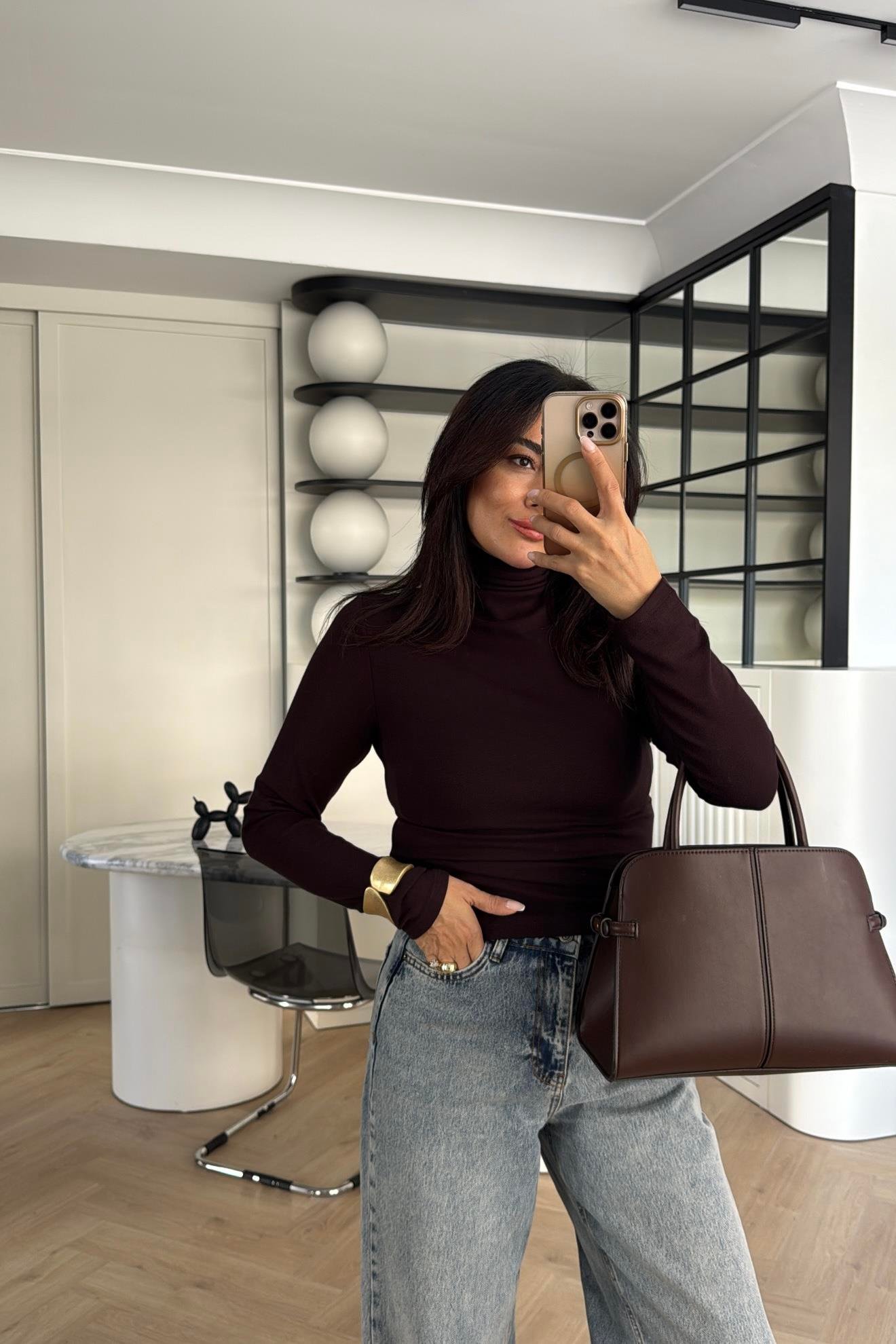 KAHVERENGİ MASSİMO MODEL BALIKÇI YAKA MODAL BLUZ