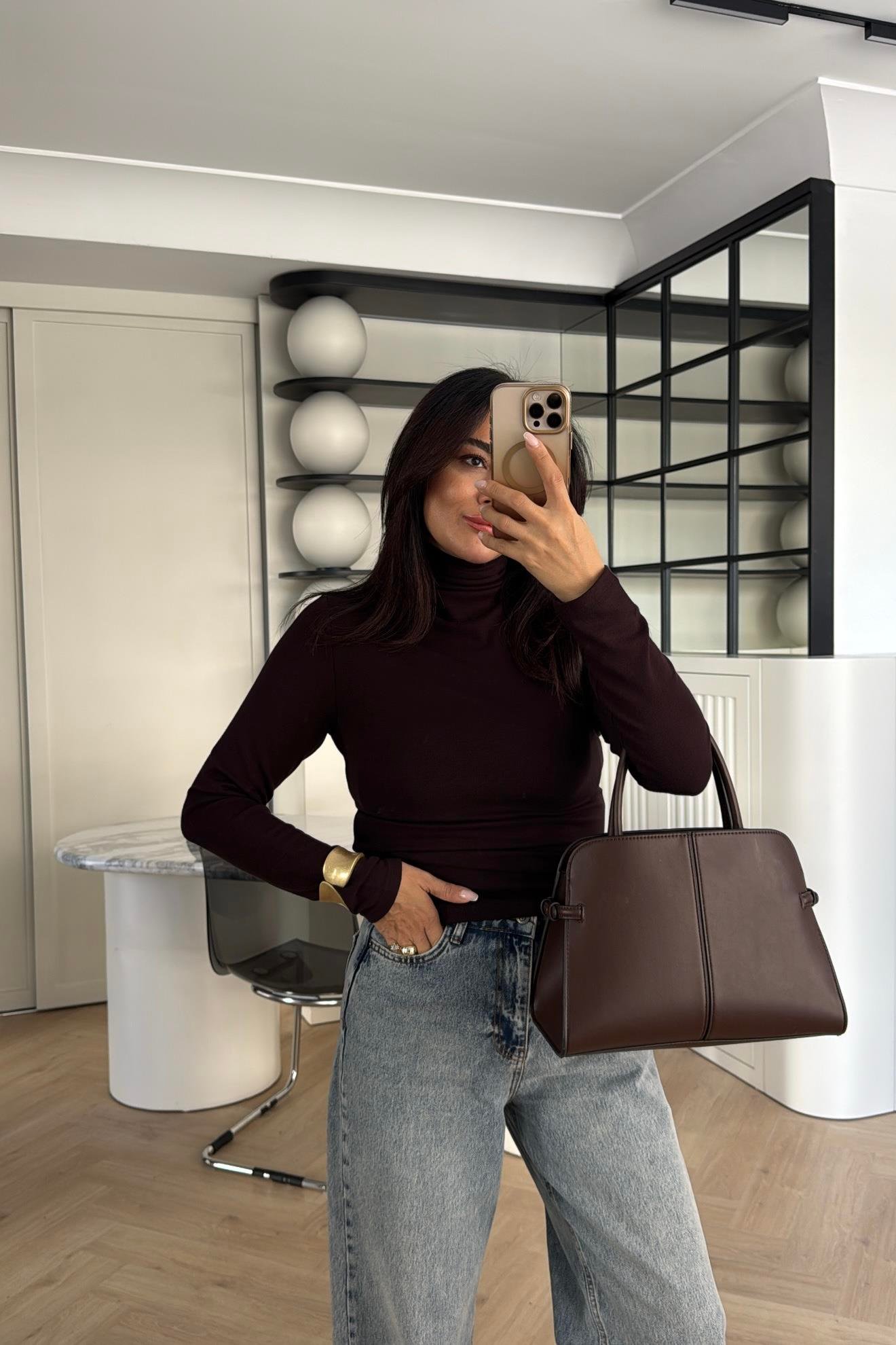 KAHVERENGİ MASSİMO MODEL BALIKÇI YAKA MODAL BLUZ