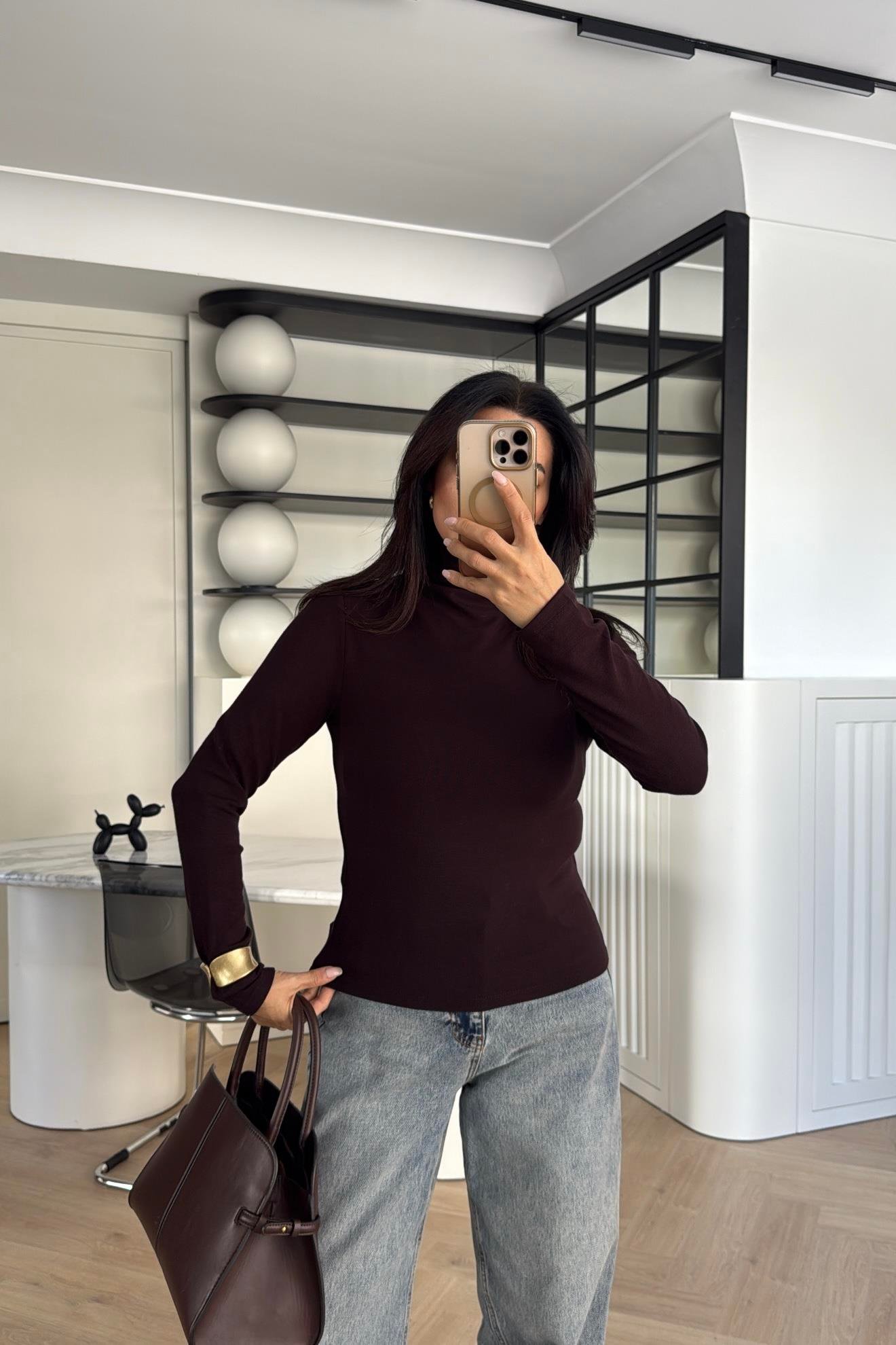 KAHVERENGİ MASSİMO MODEL BALIKÇI YAKA MODAL BLUZ