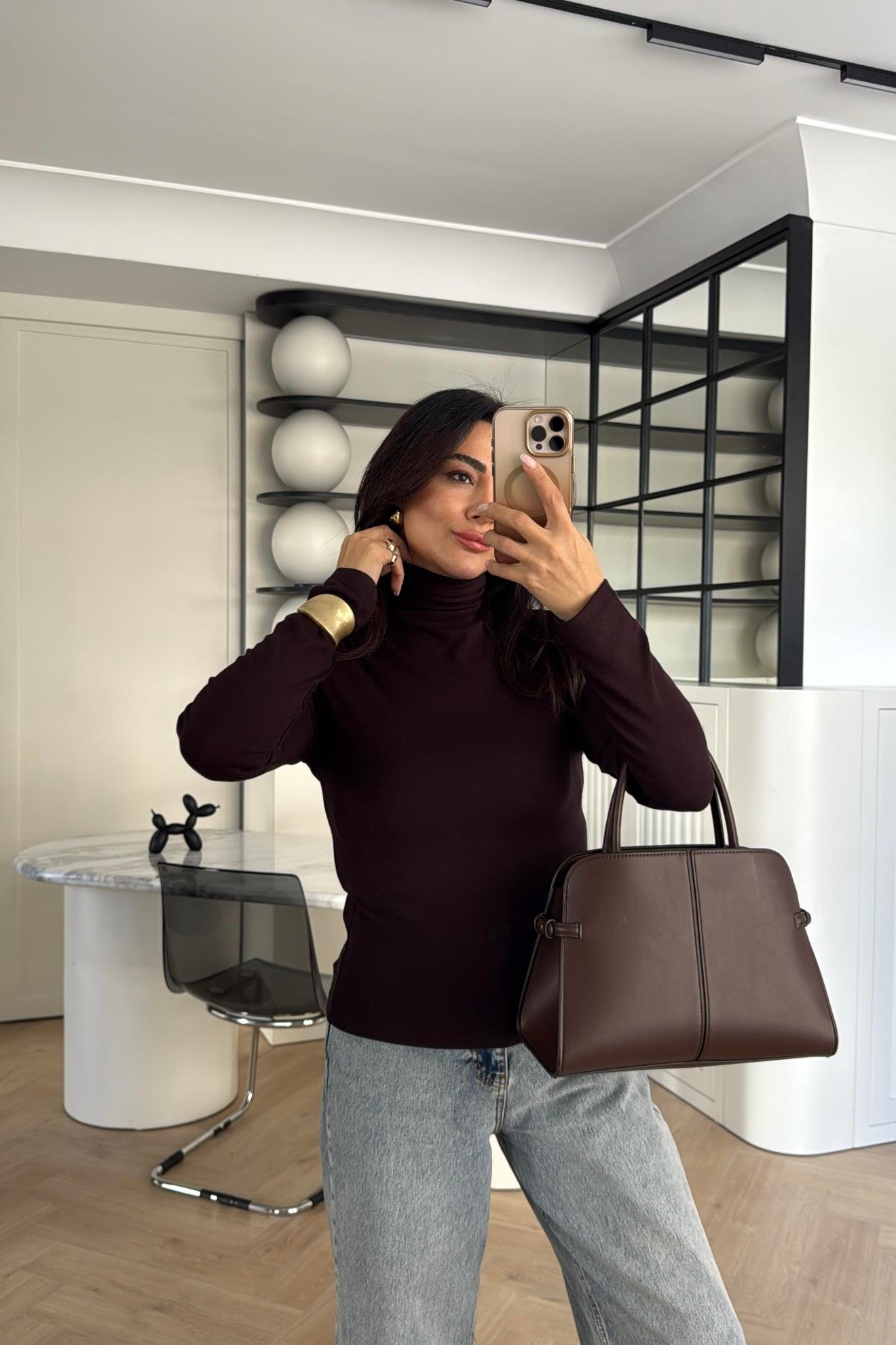 KAHVERENGİ MASSİMO MODEL BALIKÇI YAKA MODAL BLUZ