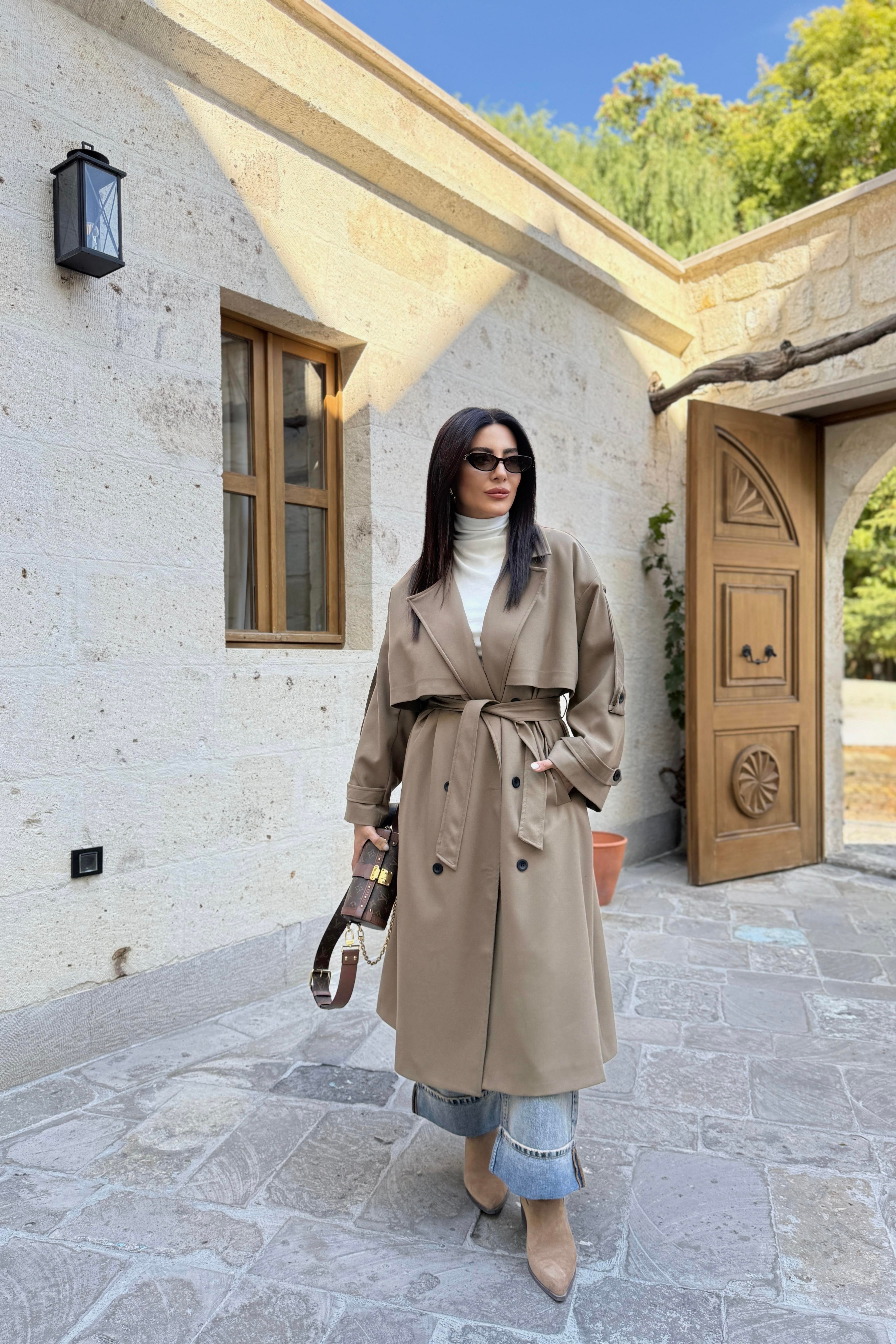 KARAMEL TASARIM ASTARLI PREMIUM TRENÇKOT 