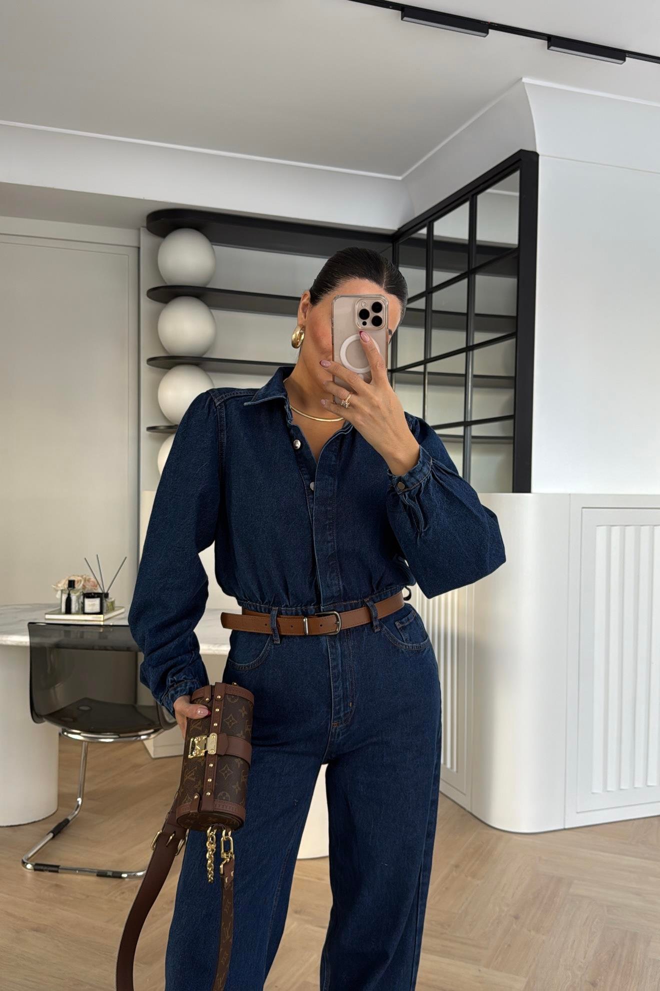 KEMER DETAYLI DENİM TULUM MAVİ 