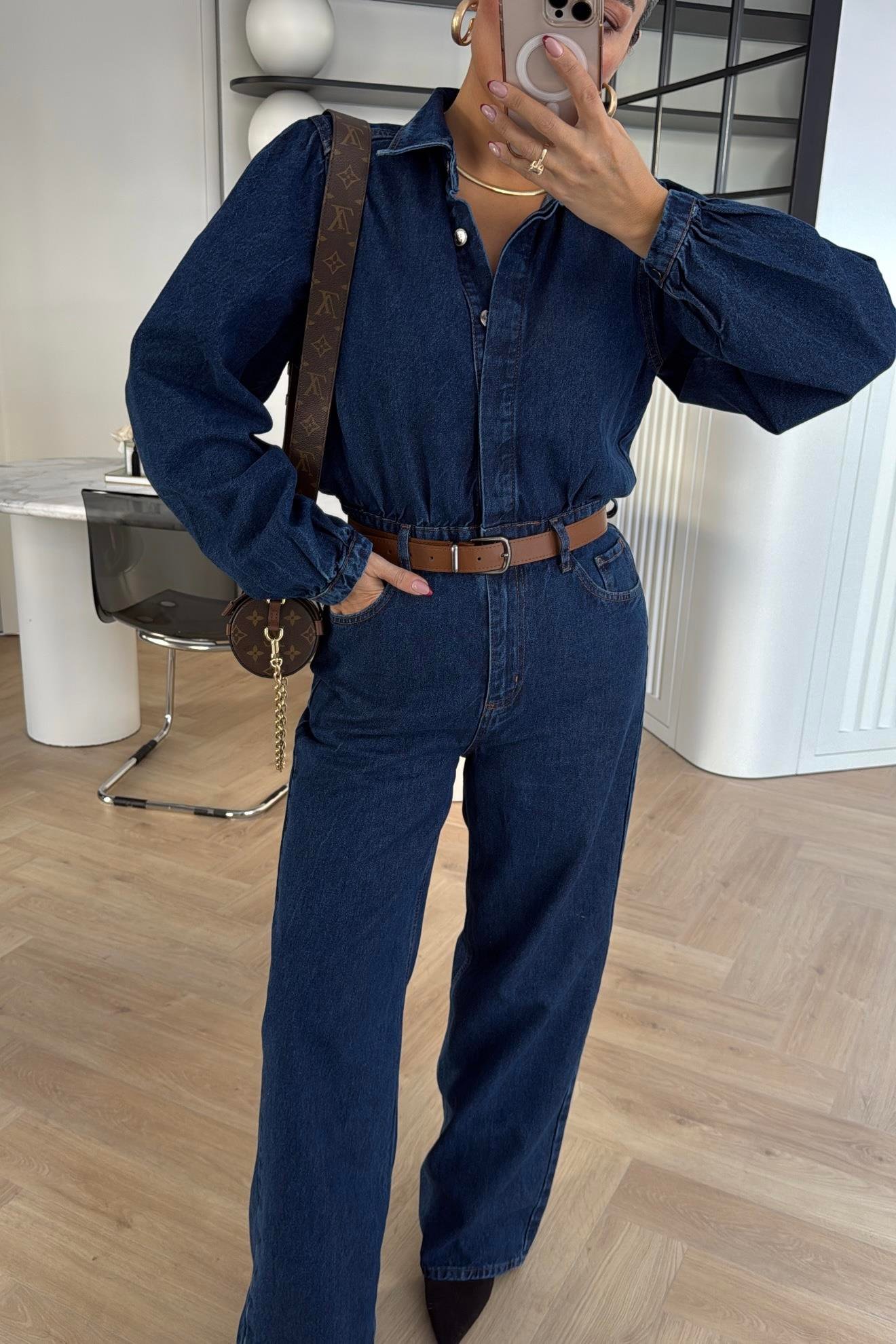 KEMER DETAYLI DENİM TULUM MAVİ 