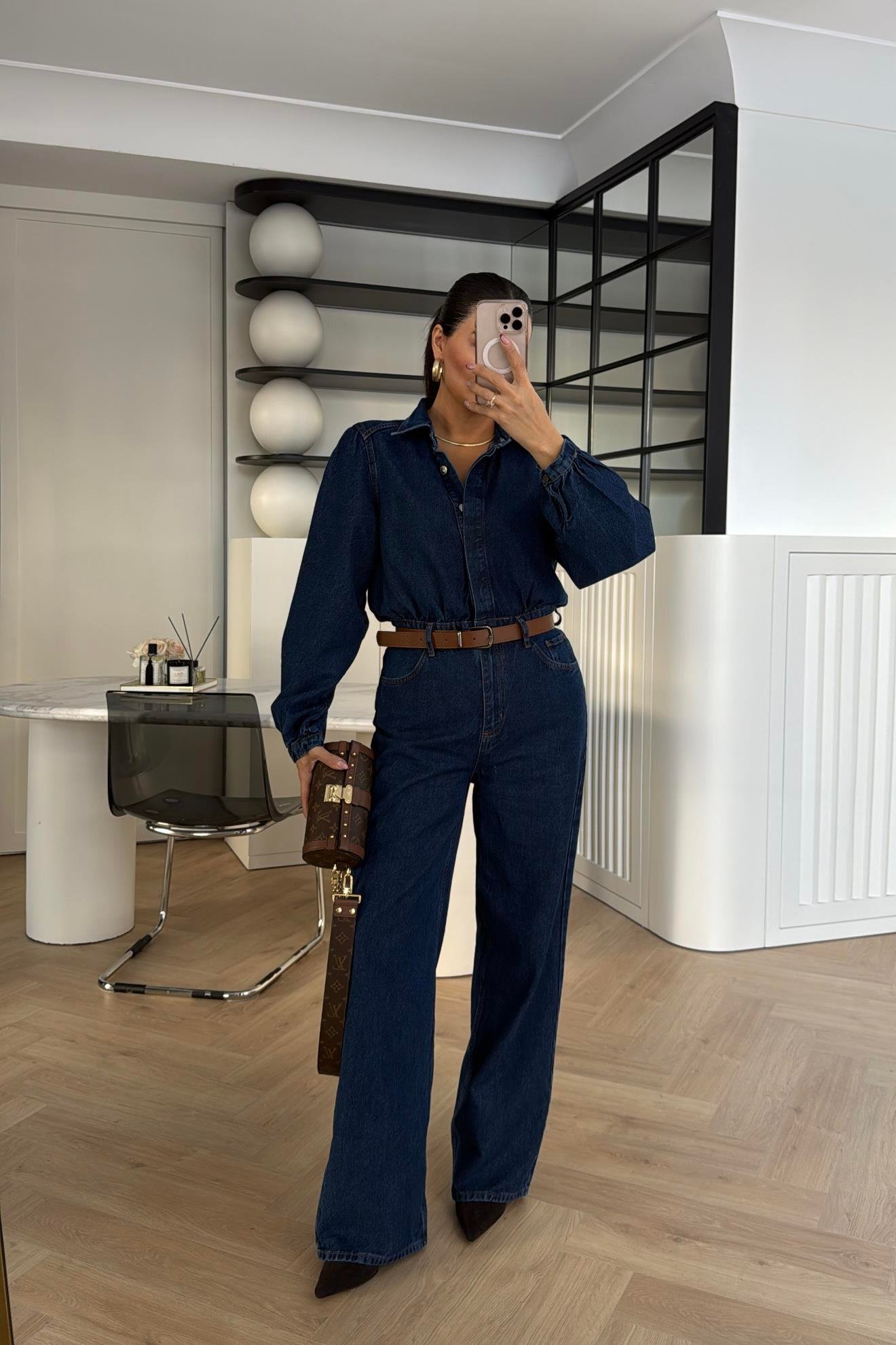 KEMER DETAYLI DENİM TULUM MAVİ 