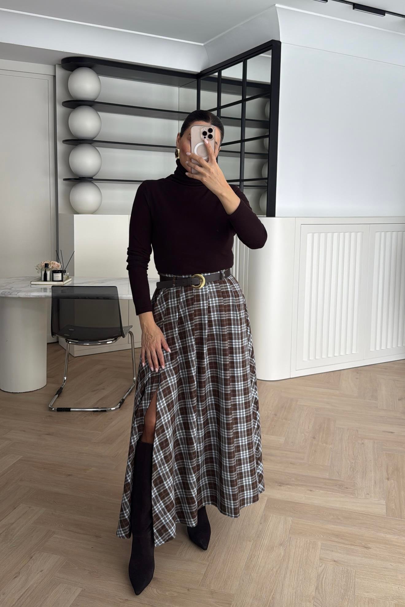 KEMER DETAYLI YIRTMAÇLI EKOSE  ETEK KAHVE 