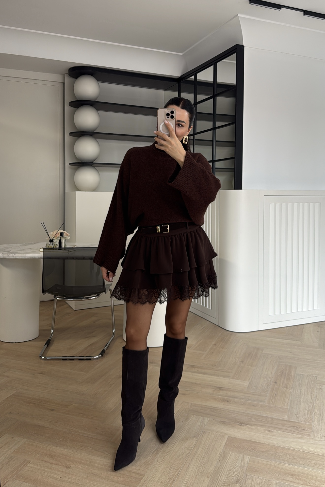 KEMERLİ  UCU DANTELLİ ETEK KAHVE 