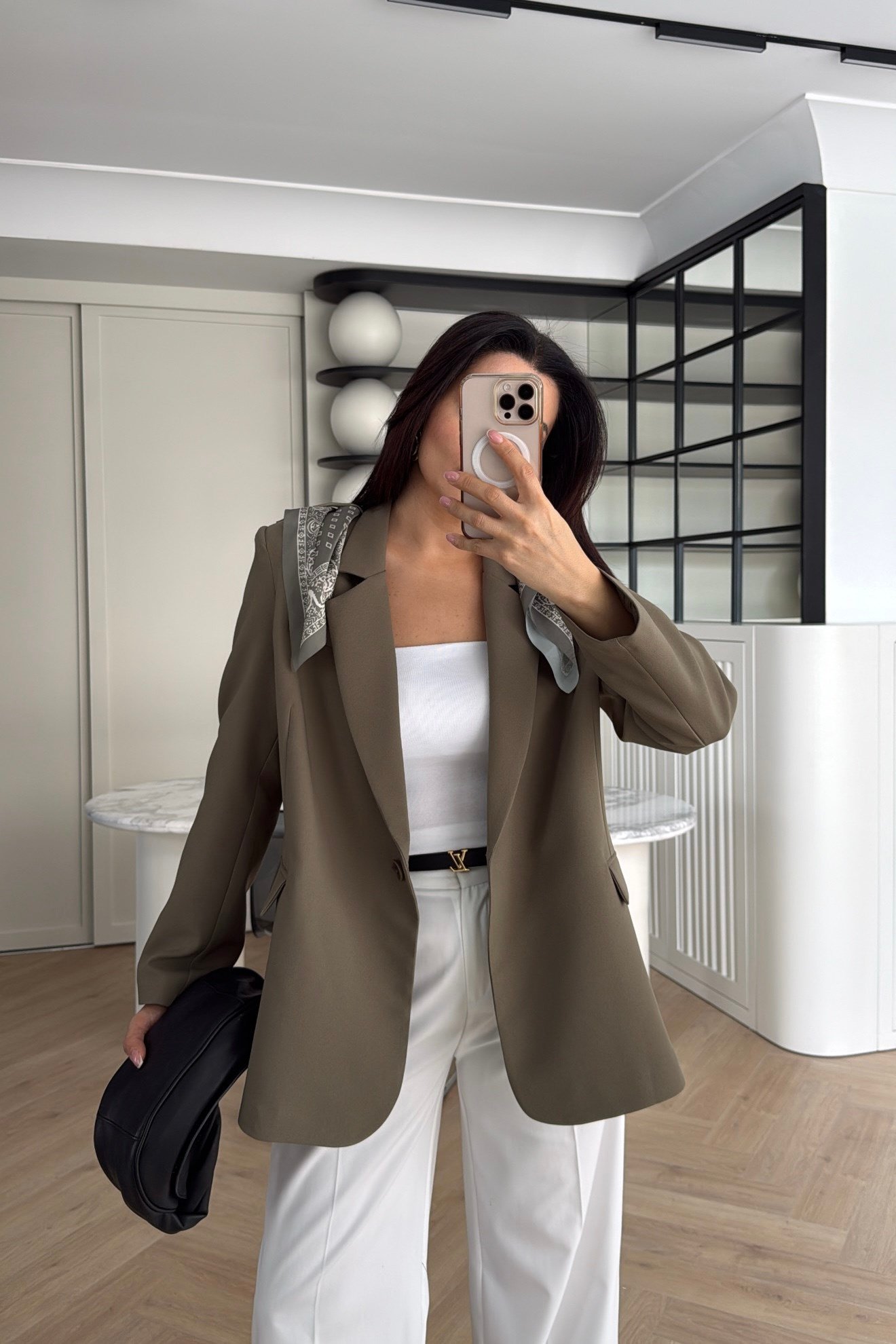 KENDİNDEN FULARLI BLAZER CEKET HAKİ 