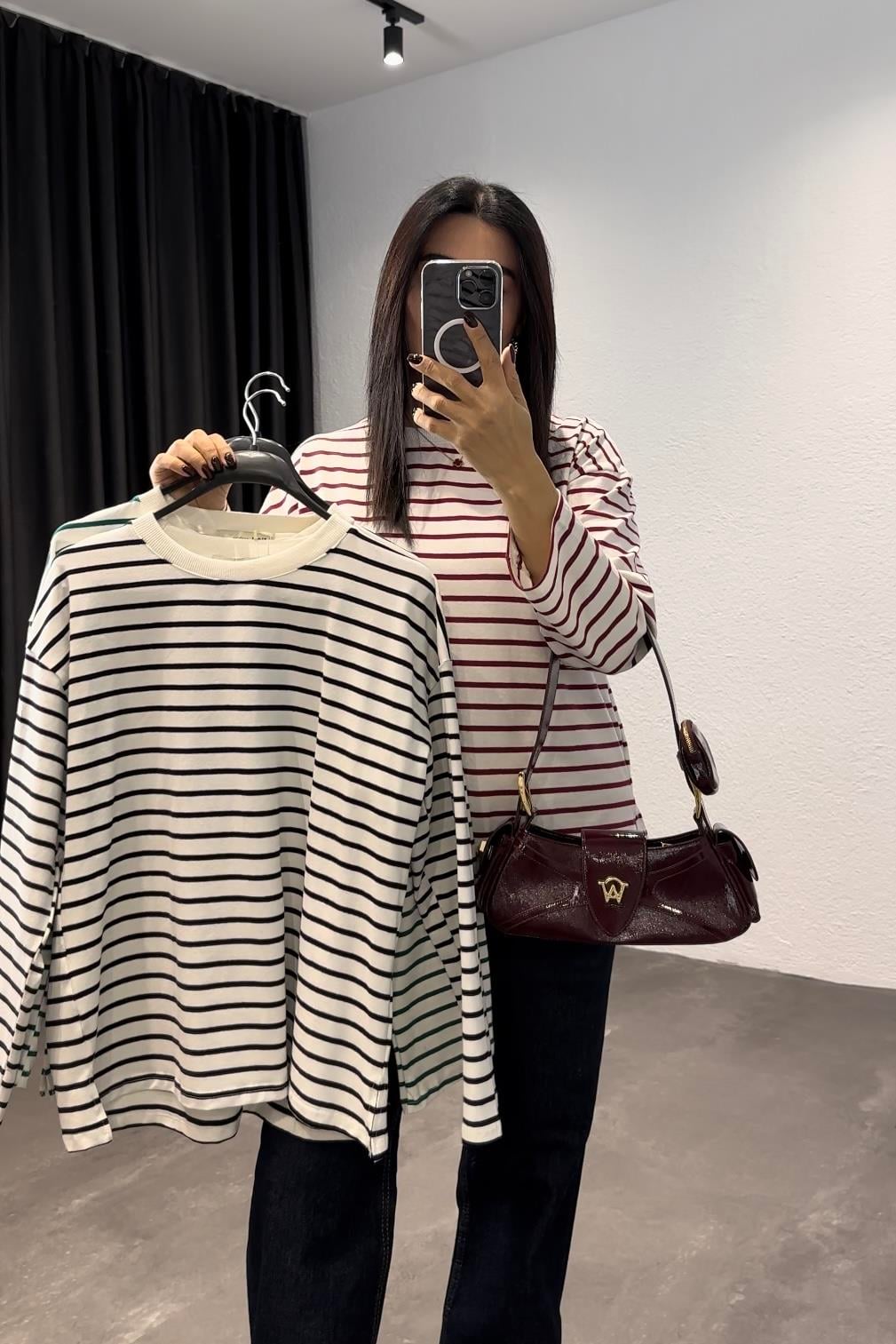 Kırmızı Çizgili Uzun Kol  Basic Bluz 