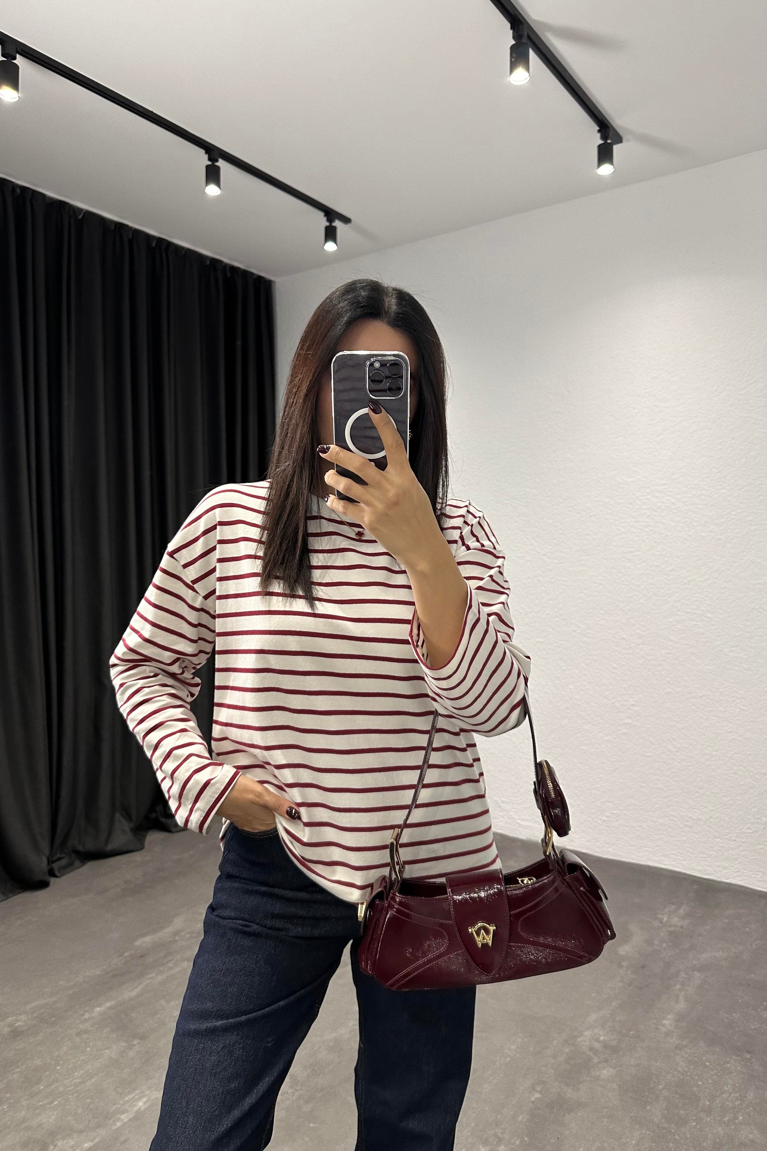 Kırmızı Çizgili Uzun Kol  Basic Bluz 