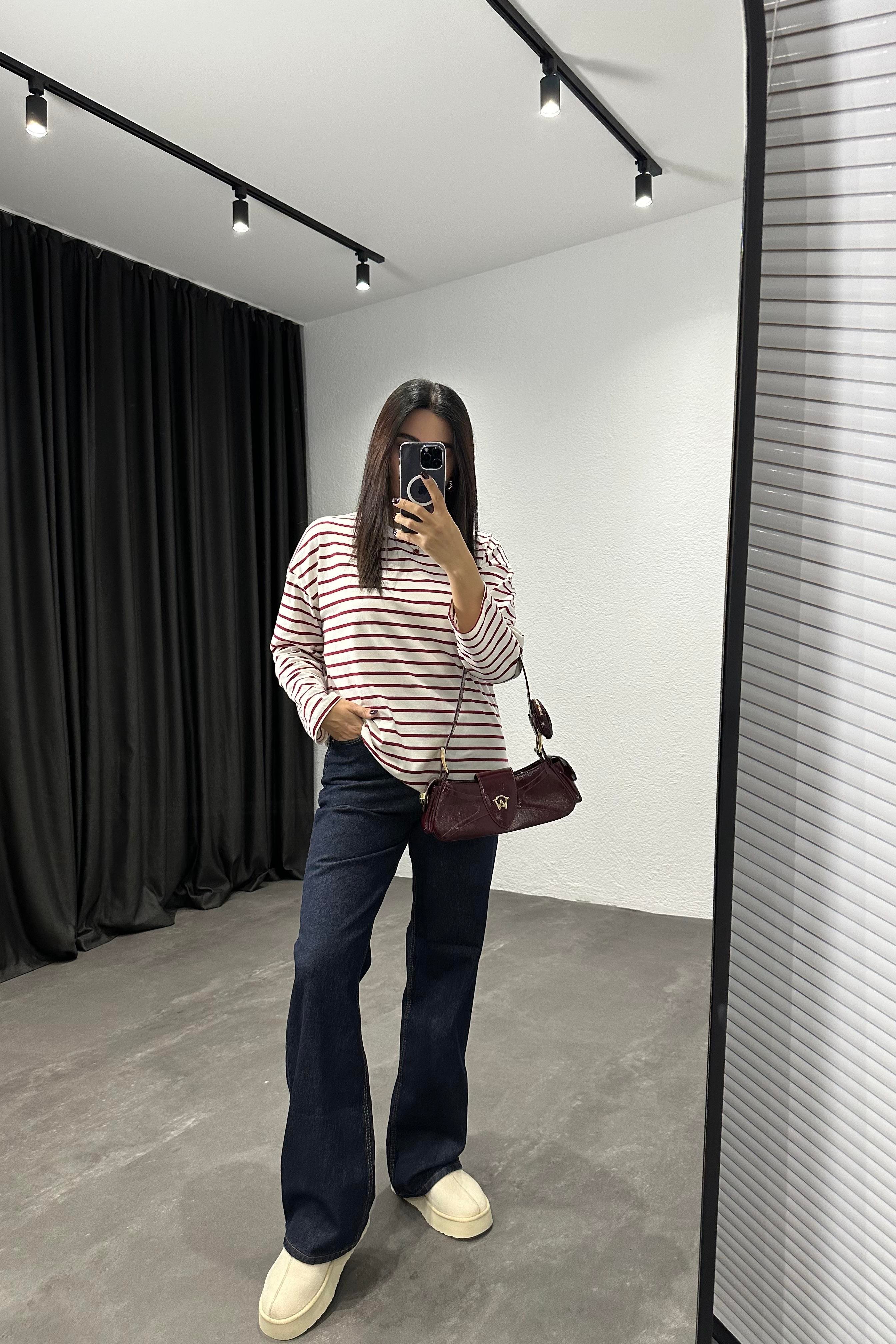 Kırmızı Çizgili Uzun Kol  Basic Bluz 