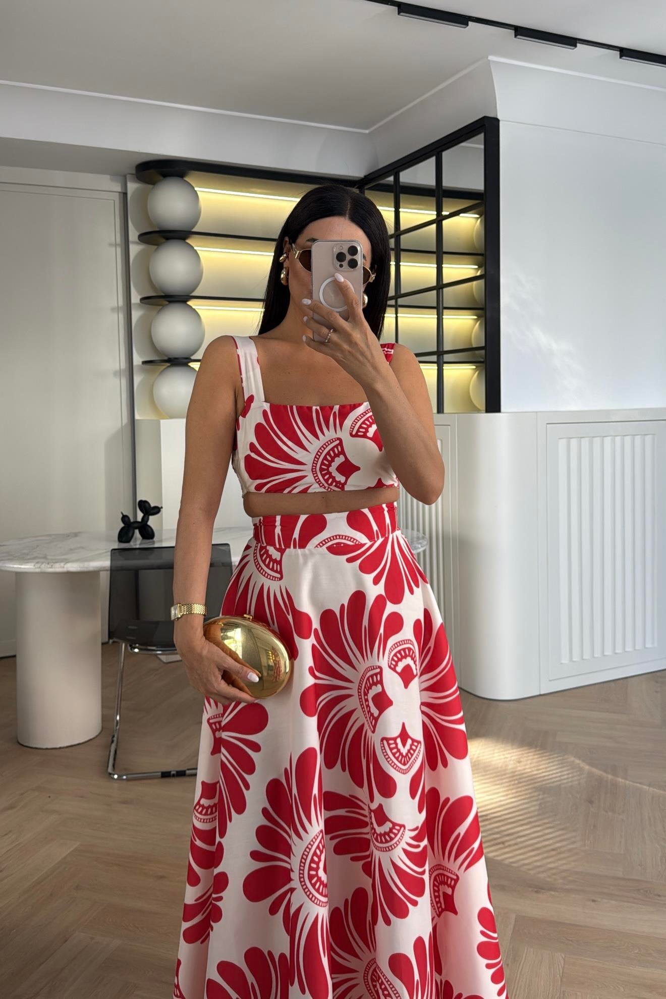 KIRMIZI DESENLİ CROP BLUZ ETEK TAKIM