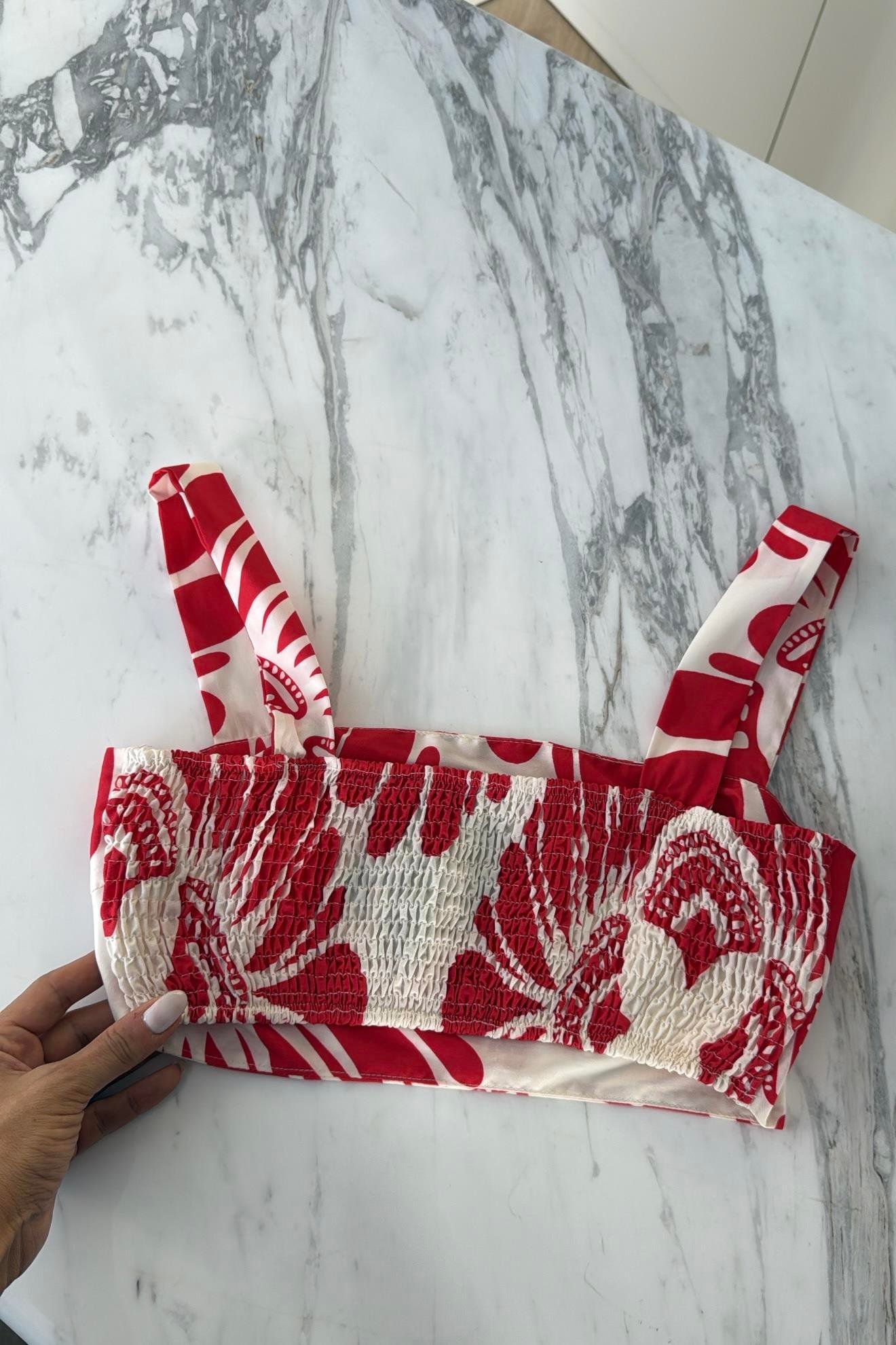 KIRMIZI DESENLİ CROP BLUZ ETEK TAKIM