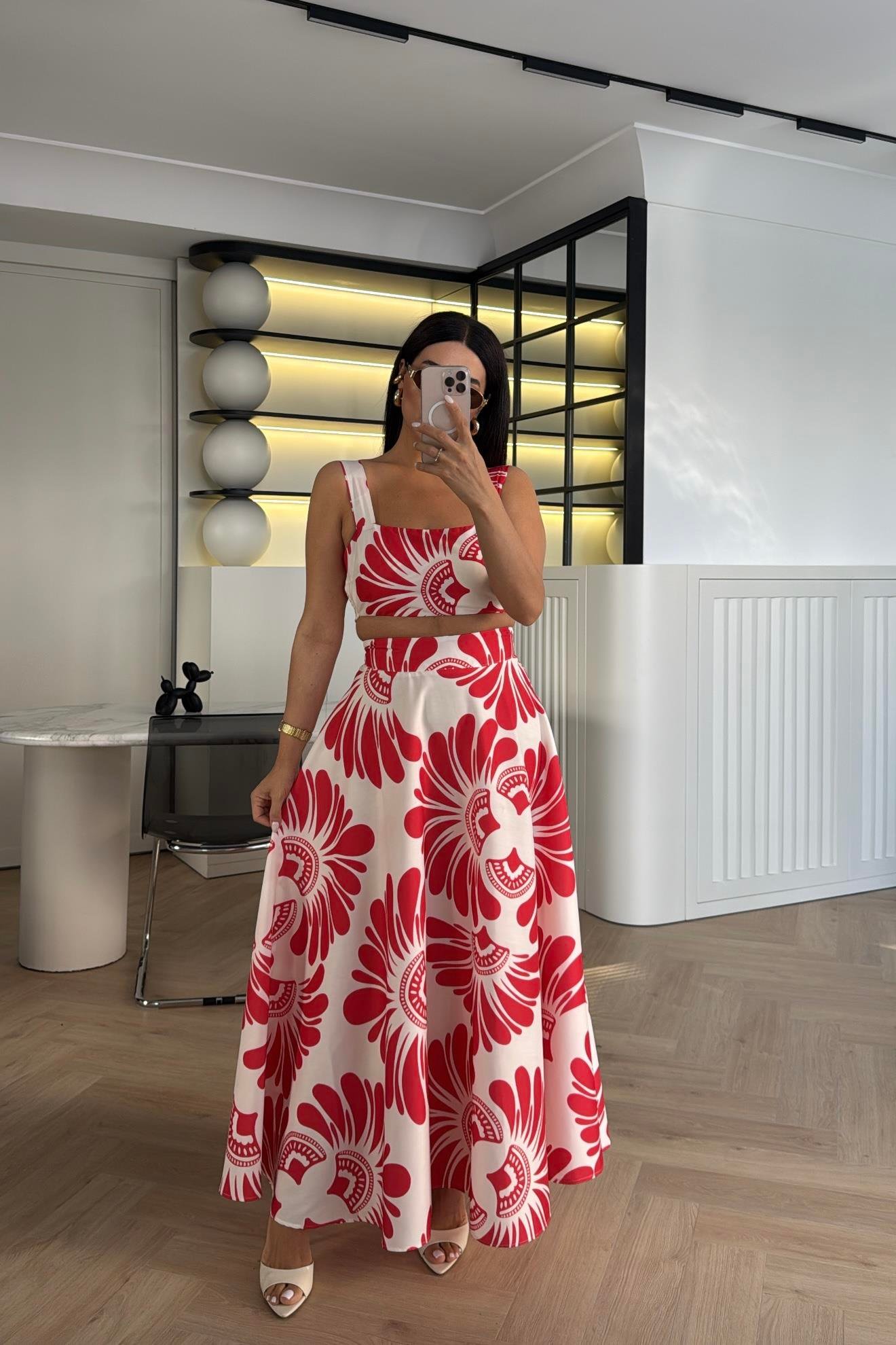 KIRMIZI DESENLİ CROP BLUZ ETEK TAKIM